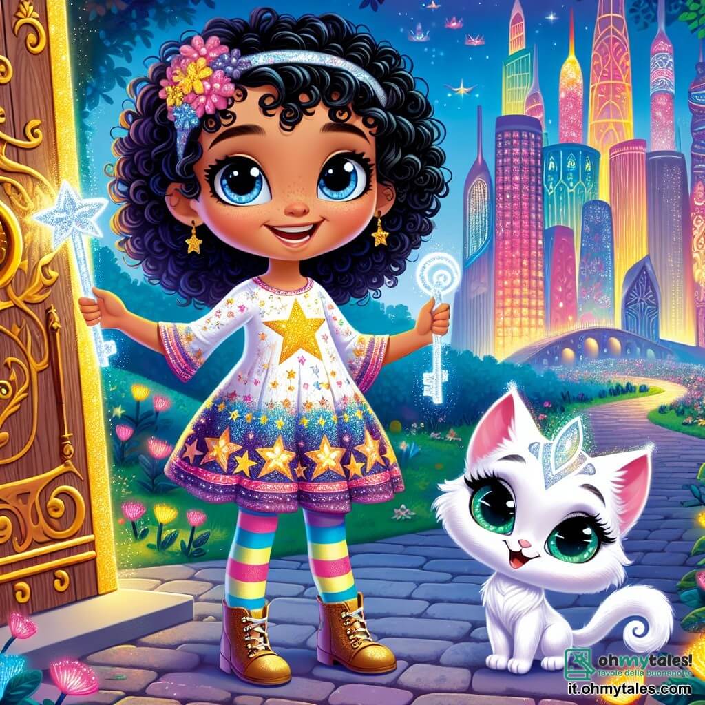 Una bambina di 5 anni, di nome Luna, con capelli neri ricci e occhi blu scintillanti, si trova al centro dell'immagine, con un ampio sorriso sul volto, mentre tiene in mano una chiave d'argento luccicante. Indossa un vestito colorato con motivi di stelle e collant a righe. Accanto a lei, un gattino magico di nome Neve, con pelo bianco splendente e occhi verdi brillanti, guarda Luna con curiosità, pronto ad accompagnarla nella sua avventura. Sullo sfondo, una grande città moderna si erge, con grattacieli dalle facciate colorate, luci scintillanti e alberi dalle foglie multicolori, creando un contrasto tra l'urbano e il fantastico. La scena si svolge in un parco magico, dove fiori luminescenti crescono attorno a loro e creature fantastiche danzano nell'aria. Luna e Neve si trovano davanti a una porta in legno antica, decorata con motivi dorati, che si apre su un mondo magico, simboleggiando l'inizio della loro avventura.