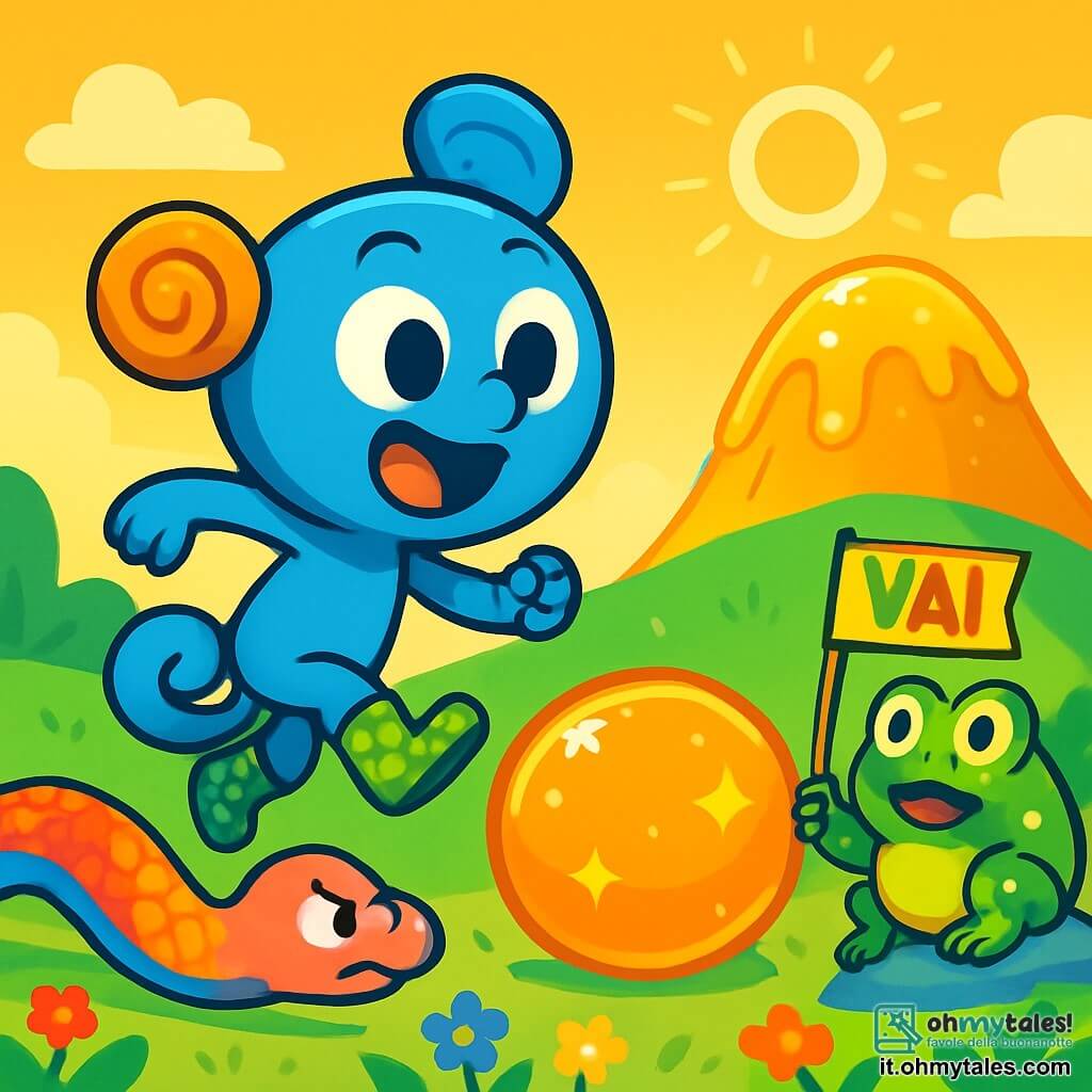 Zuzù, un personaggio blu con una grande testa rotonda, orecchie a forma di frittella e una coda arrotolata, è al centro dell'immagine, con gli occhi brillanti di eccitazione e un grande sorriso. Indossa stivaletti a pois verdi e si prepara a saltare su una enorme palla di gelatina, che brilla sotto il sole. A destra, Paffù, un rospo grassottello con pelle verde e macchie gialle, è seduto su una pietra, sorpreso, mentre tiene un piccolo striscione con la scritta "GO!" in lettere colorate. A sinistra, Sfriscia, una creatura liscia e lucente come un serpente, con squame arcobaleno, si sta allungando, pronta a saltare, con un'espressione determinata. Il luogo è un vasto campo verde, costellato di fiori multicolori, con una collina brillante sullo sfondo, coperta di gelatina scintillante. In cima alla collina, una luce dorata illumina la scena, aggiungendo un tocco magico. La situazione principale mostra Zuzù che prende slancio, pronto a saltare sulla palla di gelatina, mentre i suoi amici lo incoraggiano con entusiasmo, creando un'atmosfera di sfida e amicizia.