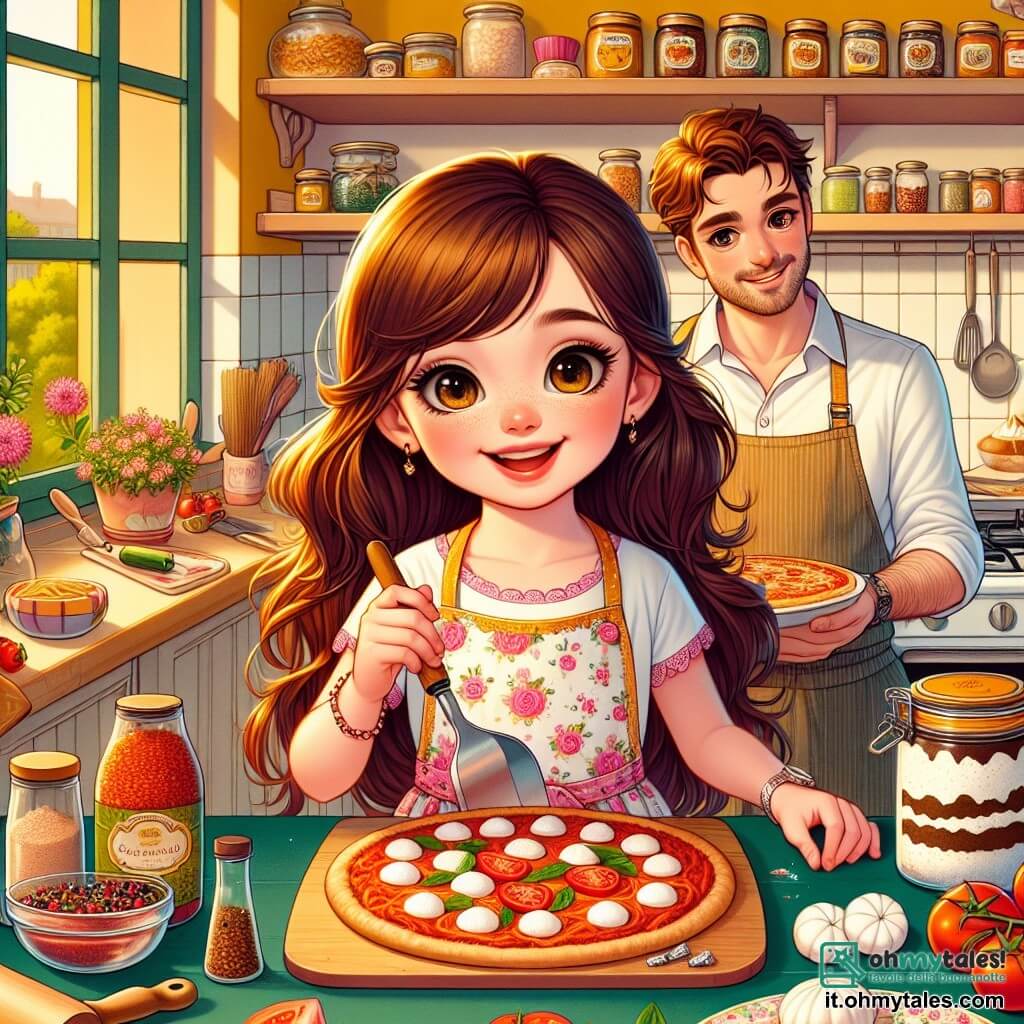 Una ragazza di 10 anni, Sofia, con lunghi capelli castani e occhi brillanti di gioia, è in piedi in una cucina luminosa e colorata, circondata da ingredienti per preparare un pasto speciale per la festa del papà. Indossa un bel grembiule a fiori e ha un grande sorriso sul volto, che mostra la sua eccitazione e determinazione. Accanto a lei, suo padre, Marco, un uomo di circa 35 anni con capelli castani e una leggera barba, la osserva con orgoglio. È seduto a tavola, tenendo un piatto di pizza appena sfornata, pronto a gustare il piatto che sua figlia ha preparato. La cucina è accogliente, con pareti gialle, mensole piene di barattoli di spezie colorate e una finestra che lascia entrare la luce del sole, illuminando la scena. Sulla tavola ci sono ingredienti sparsi: pomodori, mozzarella e un tiramisù decorato, aggiungendo un tocco di golosità. Sofia, piena di entusiasmo, sta servendo la pizza su un piatto, impaziente di condividere il suo piatto con suo padre, creando così un momento magico e gioioso per celebrare la festa del papà.