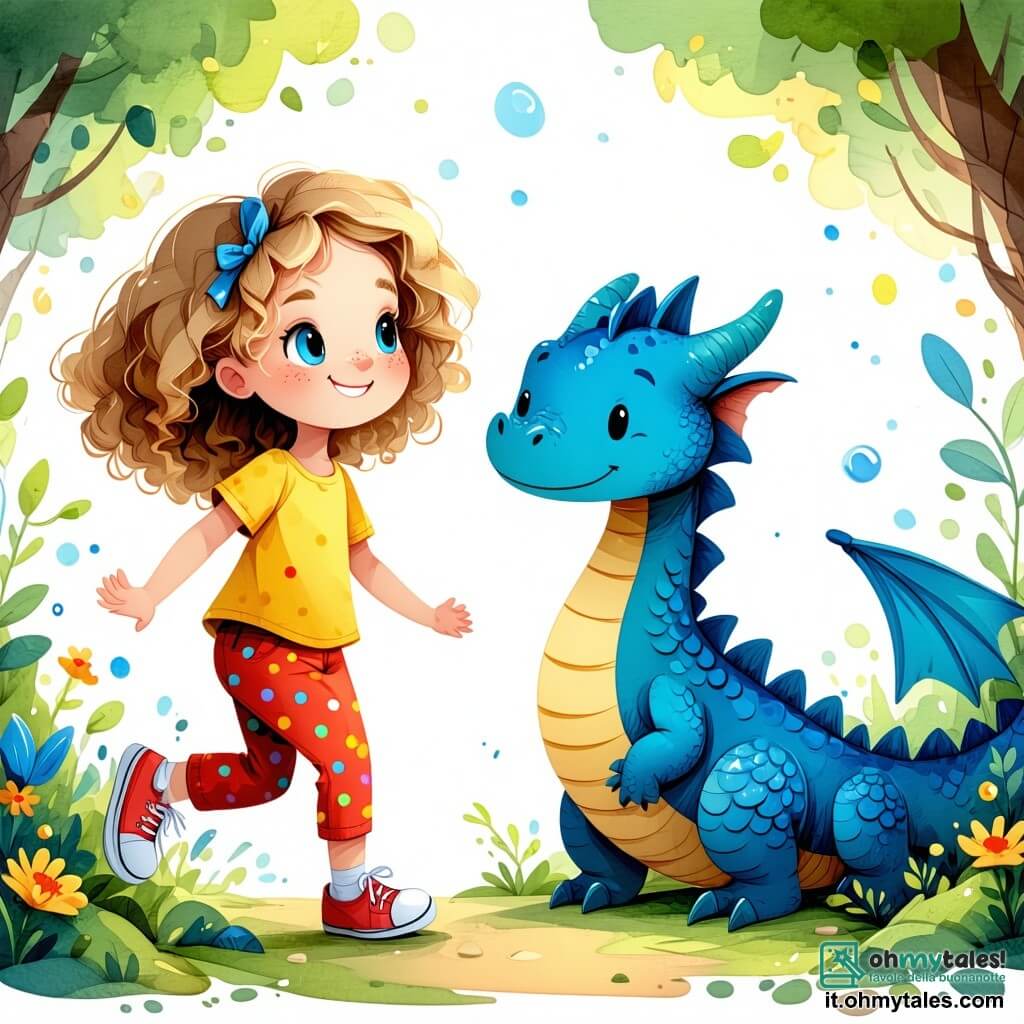 Una bambina di 5 anni, di nome Lalla, con capelli dorati e ricci, occhi blu pieni di curiosità, sorride gioiosamente saltellando in una radura incantata. Indossa una maglietta gialla brillante, pantaloni a pois colorati e scarpe rosse vivaci. Accanto a lei, un grande drago di nome Sbadiglio, con squame blu e occhi assonnati, si tiene leggermente piegato, con un'aria divertita e stanca, pronto a addormentarsi. Un piccolo gnomo di nome Gigi, di circa 7 anni, con una barba bianca e un cappello a punta, è seduto su una pietra, intento a leggere un libro antico, con un'espressione concentrata e intrigata. La scena si svolge nel Bosco delle Meraviglie, un luogo magico pieno di alberi maestosi, fiori multicolori e raggi di sole che filtrano attraverso la chioma, creando giochi di luce scintillanti. Al centro di questa radura, Lalla, Sbadiglio e Gigi si preparano a risolvere un indovinello per ritrovare i colori rubati del bosco, circondati da animali curiosi che li osservano con impazienza.