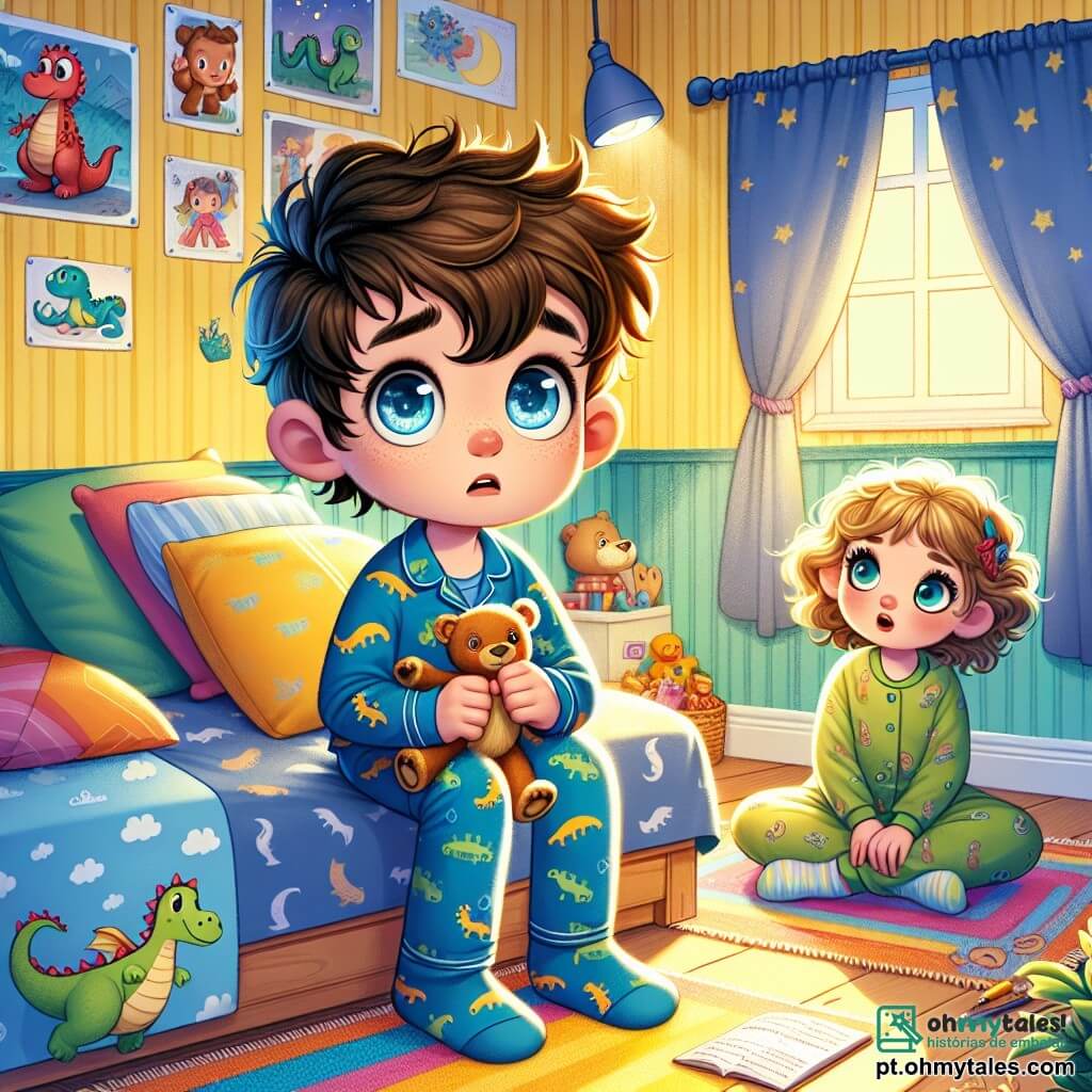 Um menino de 8 anos, Lucas, com cabelos castanhos bagunçados e olhos brilhantes de curiosidade, está sentado em sua cama, com uma expressão de preocupação e determinação no rosto. Ele veste um pijama azul com estampas de dinossauros e segura um urso de pelúcia. Ao seu lado, sua irmãzinha Sofia, de 5 anos, com cabelos cacheados e um sorriso inocente, observa o irmão com admiração, sentada de pernas cruzadas no tapete colorido. A cena acontece em um quarto acolhedor, com paredes pintadas de amarelo pastel, decorado com pôsteres de dragões e desenhos infantis. Um raio de lua entra pelas cortinas, projetando sombras suaves no chão de madeira. Lucas, com uma expressão de coragem, se prepara para falar com um monstro imaginário escondido sob a cama, enquanto Sofia o encoraja com um olhar confiante. Seus brinquedos estão espalhados ao redor, acrescentando um toque de magia à atmosfera do quarto.
