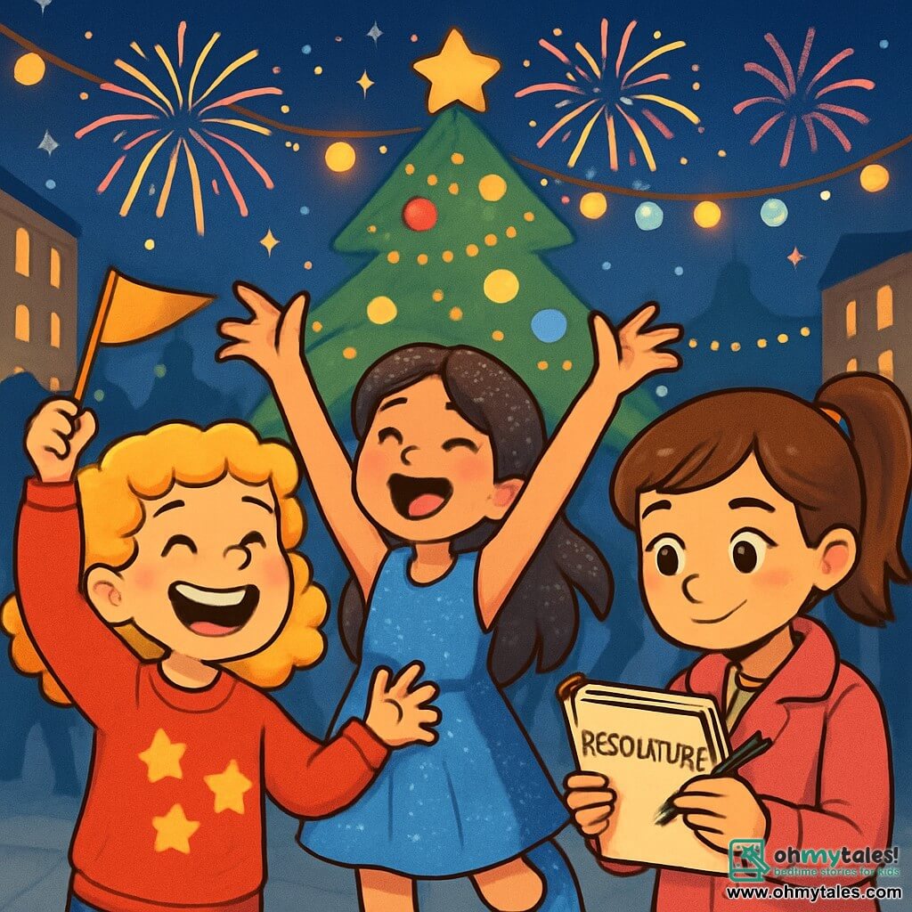 There are 3 characters: - Lucy: a 10-year-old girl with curly blonde hair, wearing a red sweater with golden stars. She is energetic and smiling widely, holding a small party flag in her hand. - Mia: a 10-year-old girl with long brown hair adorned with glitter. She is wearing a sparkling blue dress and joyfully dancing with her arms raised to the sky. - Emma: a 10-year-old girl with brown hair tied in a ponytail, wearing a pink coat. She looks thoughtful, holding a notebook where she writes her New Year's resolutions. The three girls are in the center of a lively square, surrounded by colorful lights and festive decorations. In the background, a large Christmas tree sparkles with lights and shiny ornaments. Fireworks burst in the night sky, illuminating the scene with bright colors. The main situation of the story shows the girls celebrating New Year's, laughing and dancing together amidst a joyful crowd, sharing their wishes and resolutions under a starry sky filled with magic.