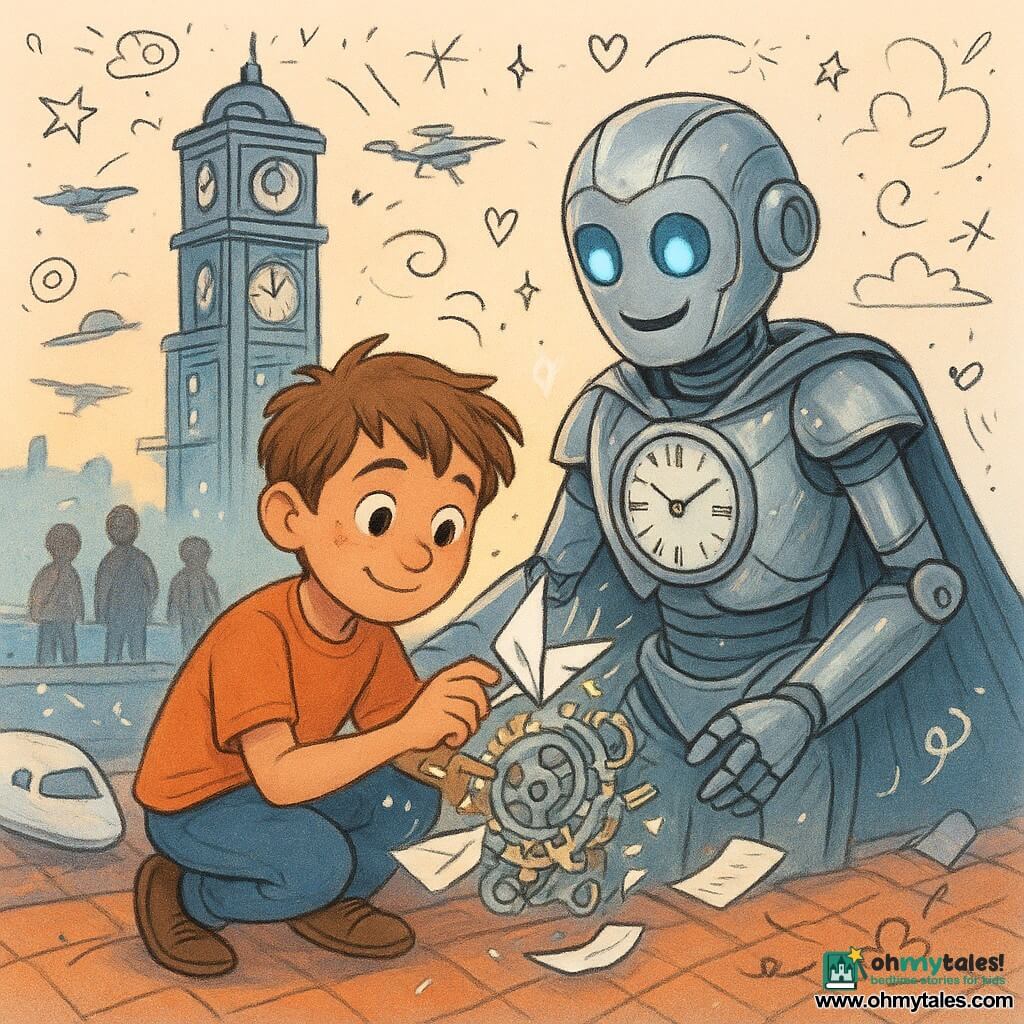 A 10-year-old boy with a round freckled face and short tousled brown hair, crouched and carefully freeing a small paper airplane from shiny gears, while a medium-sized anthropomorphic silver Timekeeper robot with warm blue LED eyes and a clock-dial visor on its chest stands behind him, slightly leaning forward in gratitude; they stand on a smooth-tiled rooftop near a white shuttle platform, a tall silver clock tower with visible gears and sliding neighborhood platforms in soft neon cyan, coral and pale yellow fills the background, paper and tickets fluttering, blurred onlookers and silhouetted drones and shuttles in the twilight sky, a warm, optimistic scene of cooperation and repair.