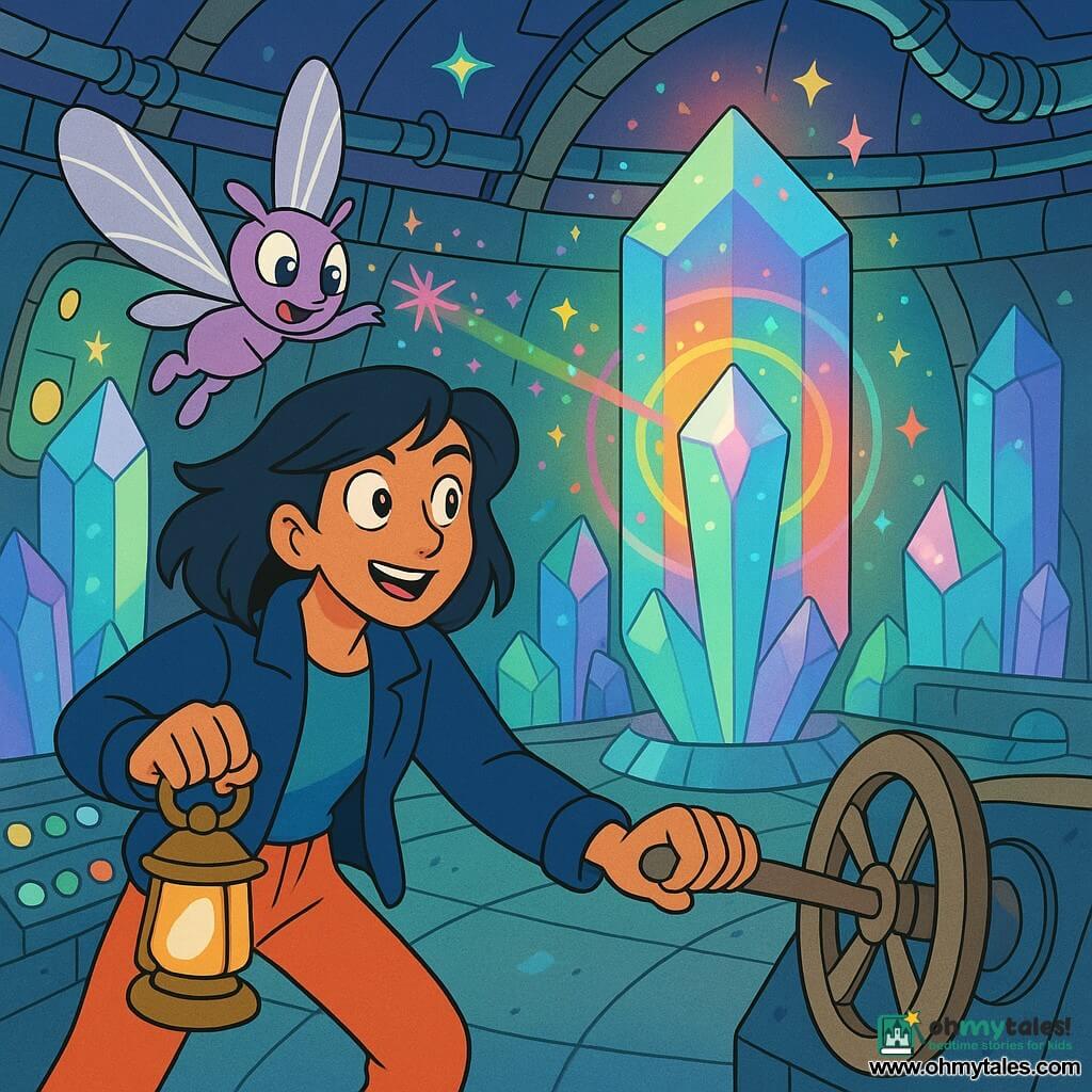 Mira is a woman with a gentle smile and wonder-filled gaze, mid-length black hair with a silver streak, wearing a midnight-blue jacket and bright trousers, holding a golden lantern in one hand and turning a large metal dial with the other, expression focused and brave in a dynamic pose; Lilo is a small winged non-human creature with thin silver wings with violet highlights and big bright eyes, flying near Mira’s hand and sending pink and green sparks toward a large crystal at shoulder height; no other humans present. The scene is a large round chamber called the crystal silo: curved metal walls with glowing panels and silver pipes, enormous translucent crystals embedded in floor and ceiling emitting multicolored halos, retro-futuristic consoles with blinking round buttons. Main action: Mira and Lilo combine their movements to awaken a central crystal that pulses rainbow rings of light, scattering sparks and floating star motifs; mood is magically technological, colorful with strong contrasts, crisp outlines, warm expressions, composition centered on the crystal and the two characters.