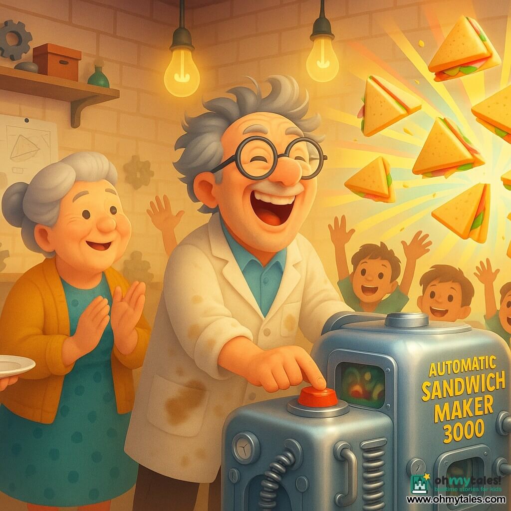 An enthusiastic fifty-something inventor with messy gray hair, large round glasses and an oil-stained coat presses a big red button laughing as colorful triangular sandwiches burst from his polished metal "Automatic Sandwich Maker 3000"; to his left a smiling 65-year-old neighbor with gray hair in a bun, a polka-dot dress and knitted cardigan applauds holding a plate, while village children (ages 6–12) in simple colorful clothes in the background gasp and grab flying sandwiches; the bright, playful wood-and-metal workshop has light brick walls, cluttered shelves of gears, hanging filament lamps, pinned sketches and a large machine with visible pipes, springs and a window showing ingredients swirling, all depicted with dynamic motion lines, soft shadows, scattered crumbs and a warm vivid palette of yellows, reds, turquoises and browns, smooth gradient textures and gentle contrast.