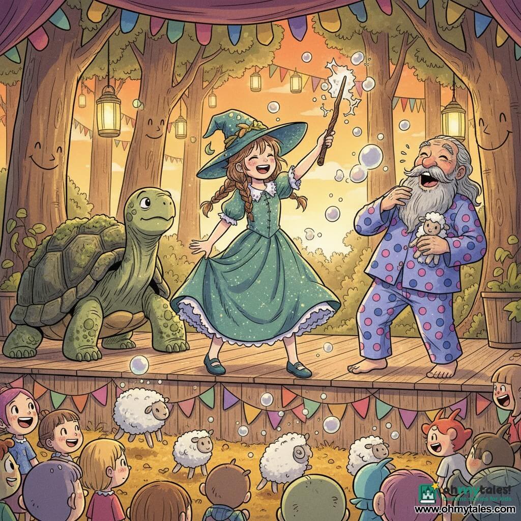 A smiling, slightly embarrassed 12-year-old witch with messy light-brown braids, a crooked pointed hat and a green ruffled dress dusted with glitter waves a knotted wooden wand that crackles and sends glowing bubbles which burst into fluffy little lambs; to her right a laughing ~60-year-old judge with a long gray beard in unbuttoned pink-and-blue polka-dot pajamas stands on stage with a plush lamb tucked in his beard, while Tilly the enormous, wise female turtle with a moss-covered, rough shell sits at the back left watching; the wooden stage is decorated with colorful garlands and pennants in a forest clearing with glowing mushrooms and hanging lanterns, a carpet of golden leaves at sunset, creating a festive, warm evening atmosphere.