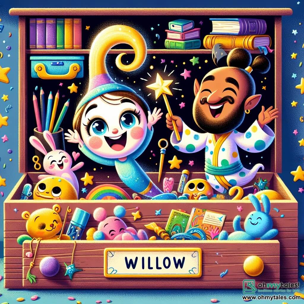 Willow, a smiling magic wand with a sparkling tip, joyfully dances in a wooden drawer filled with colorful toys and old books. Her eyes sparkle with excitement as she twirls, creating little shimmering stars around her. Next to her, Sir Snickerfizz, a disheveled genie with curly hair and a polka dot robe, wears bunny slippers and has a mischievous grin while throwing confetti in the air, adding a touch of whimsy to the scene. The drawer is brightly decorated with plush toys, colored pencils, and shiny-covered books. Soft moonlight filters through a small window, casting a magical glow inside the drawer. In this fun scene, Willow and Sir Snickerfizz happily discuss their next wish, surrounded by a shower of confetti and little stars, ready to embark on an adventure full of laughter and surprises.