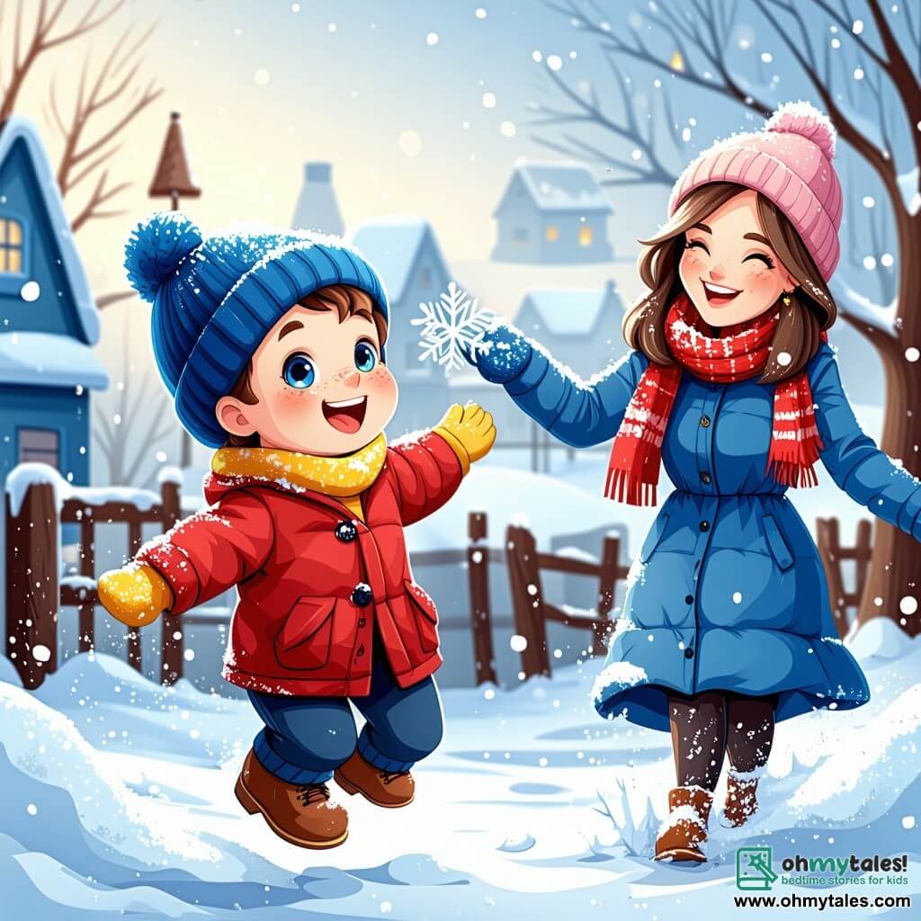 A little boy named Ben, 3 years old, with sparkling blue eyes and rosy cheeks, is wearing a bright red coat, a blue wool hat, and yellow gloves. He joyfully jumps in the snow, a big smile on his face, as he sticks out his tongue to catch a falling snowflake. Next to him, his mom, a woman in her thirties with brown hair in a bun and a colorful scarf, watches him tenderly, laughing at his enthusiasm. She is wearing a black coat and fur-lined boots. In the background, the winter landscape is enchanting: majestic trees covered in sparkling snow, a light blue sky dotted with fluffy white clouds, and a soft golden sunlight illuminating the scene. The main focus shows Ben and his mom playing in the snow, surrounded by gently falling snowflakes, creating a joyful and magical winter day atmosphere.