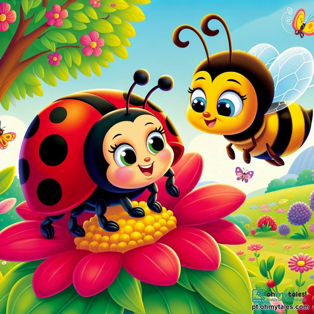 Uma pequena joaninha chamada Lila, com um corpo vermelho vivo salpicado de manchas pretas, expressa grande curiosidade e alegria em seu rosto sorridente. Ela voa graciosamente sobre uma flor rosa brilhante, suas asas translúcidas brilham sob o sol. Ao lado dela, uma abelha chamada Bia, com um corpo amarelo e preto listrado, parece preocupada, procurando seu caminho para a colmeia, pousada em uma folha verde. Ao fundo, um magnífico jardim colorido se estende, cheio de flores variadas, borboletas dançantes e uma grande árvore majestosa que oferece sombra. A cena mostra Lila e Bia se ajudando, ilustrando a magia da amizade em um momento de descoberta e apoio.