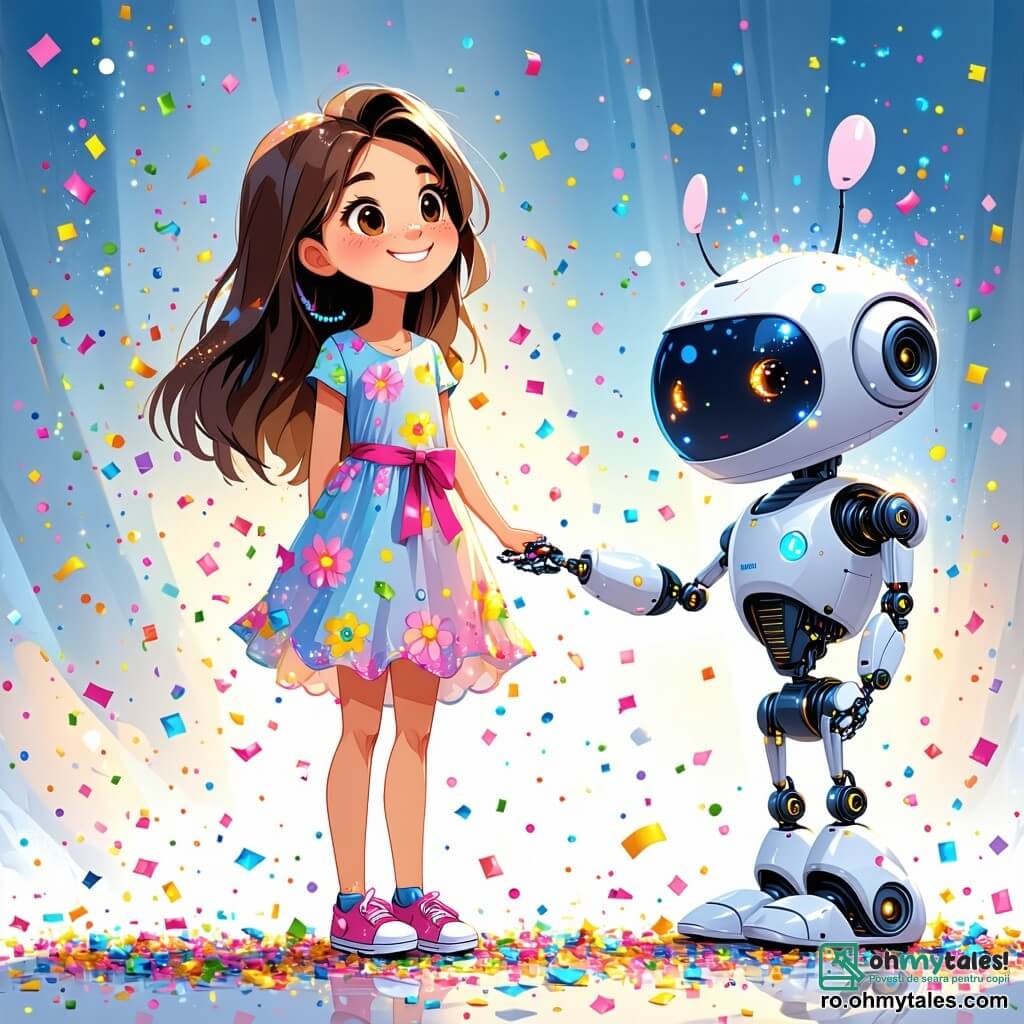 O fetiță de 6 ani, Mia, cu părul lung și brunet și ochi strălucitori de curiozitate, stă în centrul imaginii, zâmbind și uimită, privind un nor de confetti colorate care cade în jurul ei. Ea poartă o rochie ușoară și colorată, împodobită cu motive florale, și adidași strălucitori. Lângă ea se află Tavi, un robot mic cu urechi mari, cu un corp argintiu și lumini intermitente care îi exprimă emoțiile. El sare de bucurie, ochii lui strălucind de entuziasm. Un pic mai departe, Alex, un băiat de 8 ani cu părul castaniu și ochelari rotunzi, ajustează un aparat în laboratorul său futurist. El poartă o combinație de om de știință plină de buzunare și zâmbește văzându-i pe Mia și Tavi distrându-se. Locul este un parc futurist în orașul Zburător, cu copaci cu frunze strălucitoare și clădiri din sticlă care strălucesc sub soare. Vehiculele flotante trec pe deasupra lor, iar drone colorate zboară pe cer, adăugând la atmosfera veselă. Situația principală arată cum Mia, Tavi și Alex sărbătoresc împreună, înconjurați de confetti care cade ca o ploaie de culori, simbolizând bucuria și prietenia, după ce au reparat un aparat care aduce fericire tuturor.