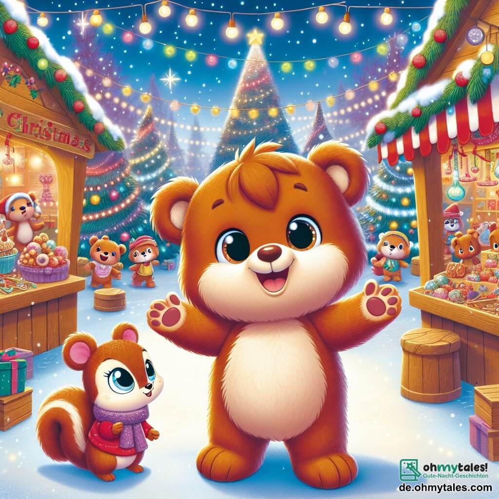 Ein kleiner Teddybär namens Benno, mit weichem braunem Fell und neugierigen Augen, steht in der Mitte der Szene, die Arme weit geöffnet und mit einem großen Lächeln im Gesicht, das seine Freude und Aufregung über Weihnachten ausdrückt. Neben ihm schaut ein kleines Eichhörnchen namens Elli, mit rotem Fell und einem kleinen buschigen Schwanz, mit leuchtenden Augen zum Himmel und ist glücklich, bei ihrem Freund zu sein. Die Szene spielt auf einem lebhaften Weihnachtsmarkt, beleuchtet von funkelnden Lichtern und geschmückt mit Tannenbäumen, die mit bunten Kugeln verziert sind. Holztische bieten Leckereien, Spielzeuge und Dekorationen an, während sanfte Schneeflocken um sie herum fallen. Benno und Elli, umgeben von der festlichen Atmosphäre, suchen begeistert nach den verlorenen Geschenken und sind bereit, dem Weihnachtsmann zu helfen, die Magie von Weihnachten wiederzufinden.