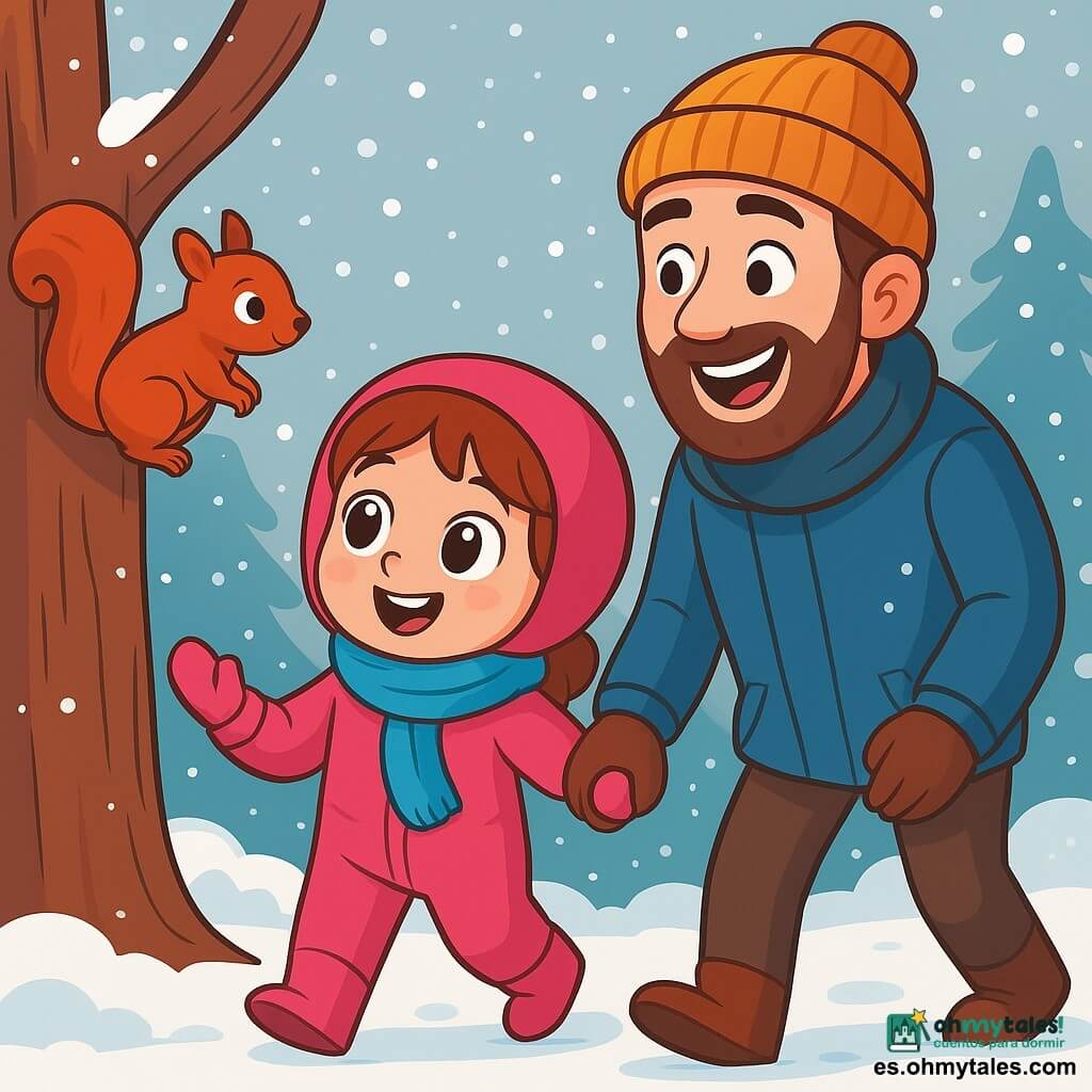 Una niña de 6 años, Clara, con grandes ojos brillantes y mejillas rosas, lleva un traje de nieve rosa brillante y una bufanda azul. Sonríe asombrada mientras observa una pequeña ardilla roja que trepa por un árbol. A su lado, su papá, un hombre de unos treinta años con barba marrón y un gorro de lana, le sostiene la mano mientras ríe. Están en un bosque encantado, donde los árboles están cubiertos de nieve brillante y el suelo está cubierto de una gruesa capa de polvo blanco. La escena muestra a Clara y su papá caminando juntos, rodeados de copos de nieve que caen suavemente del cielo gris claro, creando una atmósfera mágica y alegre.