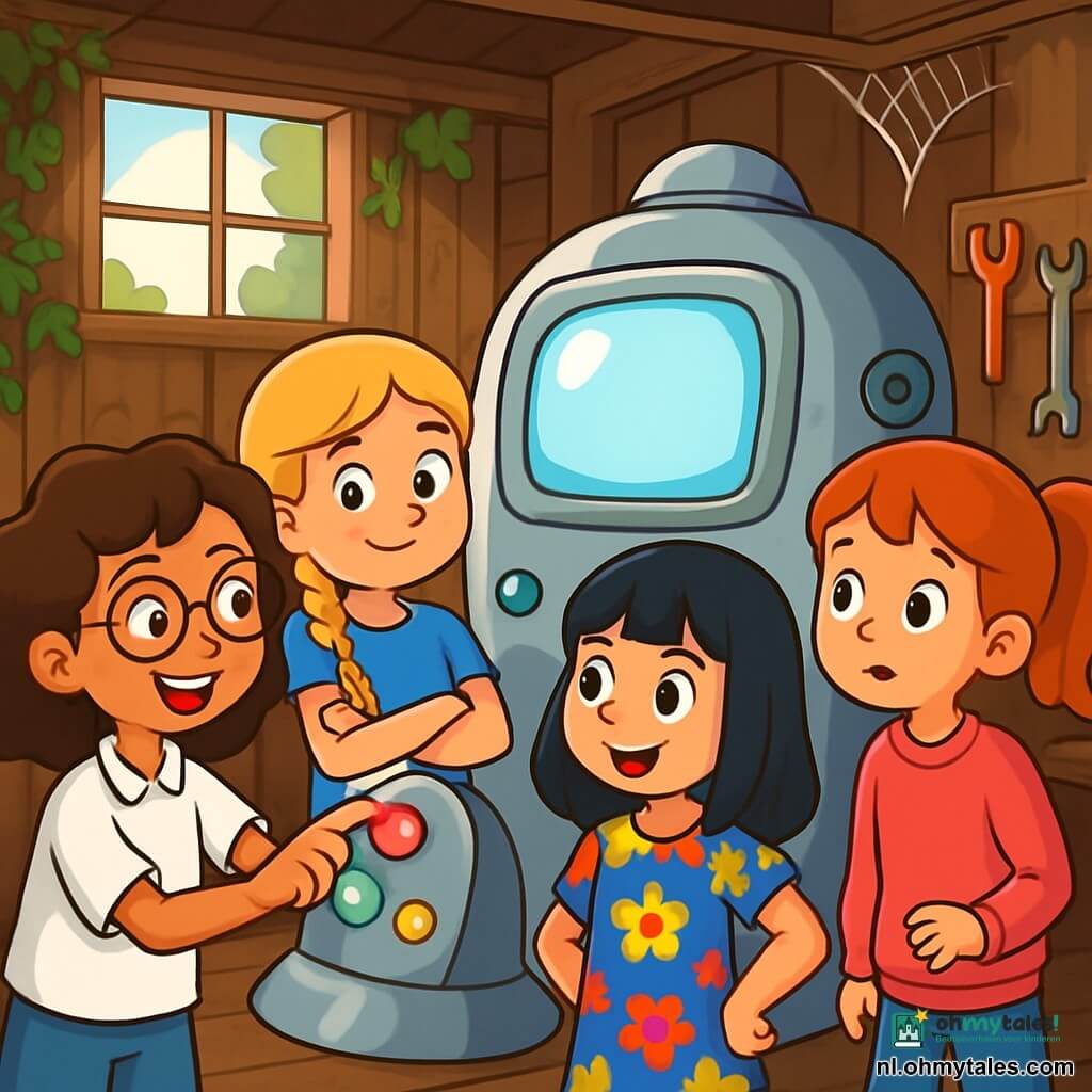 Er zijn 4 kinderen: Emma, een 10-jarig meisje met krullend bruin haar, draagt een witte blouse en ronde bril. Ze staat links, met nieuwsgierige ogen, terwijl ze een knop van de machine aanraakt. Noor, een 9-jarig meisje met gevlochten blond haar, is gekleed in een blauwe t-shirt en een spijkerbroek. Ze staat rechts van Emma, met gekruiste armen en een ondeugende glimlach, klaar om te verkennen. Lisa, een 10-jarig meisje met steil zwart haar, draagt een gekleurde bloemenjurk. Ze staat iets naar achteren, met haar handen op haar heupen, terwijl ze de machine met verwondering bekijkt. Sophie, een 9-jarig meisje met een paardenstaart van rood haar, draagt een roze sweatshirt. Ze staat iets verder weg, met grote ogen, terwijl ze de scène met fascinatie observeert. De scène speelt zich af in een oude houten schuur met muren bedekt met groene klimop. Binnen filtert het licht door stoffige ramen en verlicht een grote glanzende metalen machine in het midden, versierd met kleurrijke knoppen en een helder scherm. Spinrag hangt in de hoeken en oude gereedschappen liggen verspreid over houten planken. De kinderen ontdekken de mysterieuze tijdmachine, omgeven door een sfeer van opwinding en mysterie, klaar om op een knop te drukken en aan een ongelooflijk avontuur door de tijd te beginnen.