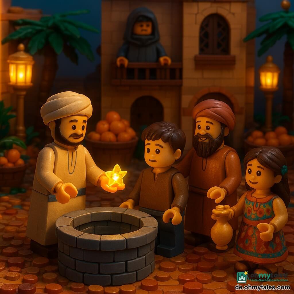 Ein vermittelnder Mann mit sanftem Gesicht aus abgerundeten LEGO‑Steinen und feinem Schnurrbart trägt lange sand‑ und blaufarbene Gewänder und hält auf seiner offenen Hand in der Bildmitte ein leuchtendes Juwel („Stern des Versprechens“); ein etwa 10‑jähriger Junge mit kurzen dunkelbraunen LEGO‑Haare rührt zögernd den Rand eines alten Brunnens neben ihm an, ein älterer Mann (Vater, ca. 40–50) mit geflochtener Bart‑Optik und ockerfarbener Tunika steht am Brunnen, Hand auf der Schulter des Jungen, erleichtert lächelnd; ein etwa 7‑jähriges Mädchen in buntem Kleid mit einer kleinen Amphore aus Bruchstücken schaut freudig zum Brunnen und hält eine kleine Tessera als Gabe; ein Händler auf einem LEGO‑Balkon darüber in grauem Mantel mit verschränkten Armen beobachtet zuerst verschlossen, dann neugierig; der Platz der Orangen ist mit ocker‑ und roten Steinen gepflastert, goldene LEGO‑Laternen werfen warmes Licht, Marktstände zeigen glänzende Orangenstapel und Miniaturpalmen; Hauptaktion: alle ziehen gemeinsam Wasser aus dem Brunnen und der Vermittler überreicht das leuchtende Juwel, die Gesichter erhellen sich, die Atmosphäre ist warm, märchenhaft mit orientalischen Akzenten (bestickte Stoffe, Metalllaternen, Mosaikmuster); Stil: warme Farben, deutlich LEGO‑Stein‑Texturen, kindliche Proportionen, goldene Dämmerungsbeleuchtung, zentrierte, leicht lesbare Komposition für ein 6‑jähriges Publikum.