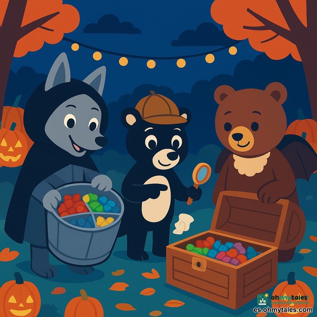 Un pequeño lobo antropomorfo gris claro, orejas grandes y capucha-sombrero negra demasiado larga, ojos brillantes y sonrisa traviesa, sostiene un cubo metálico compartimentado mostrando caramelos ordenados por color; una pequeña mofeta detective (blanco y negro), ojos curiosos y sonrisa cómplice, con lupa de madera y gorra, señala un mapa arrugado que sale de un caramelo blanco; un gran oso disfrazado de bebé murciélago, pelaje marrón y babero de encaje, tímido pero feliz, empuja un cofre de madera abierto lleno de bolsas de caramelos ordenadas; todo ello en un claro nocturno rodeado de árboles de hojas naranjas, calabazas talladas iluminadas en fila, guirnaldas de luces cálidas, piedras musgosas y suelo cubierto de hojas secas y pequeñas linternas; la escena muestra el descubrimiento y reparto del tesoro de caramelos, colores vivos contrastando con una noche azul profunda, composición centrada, formas sencillas y aplastadas y ambiente cálido y festivo.