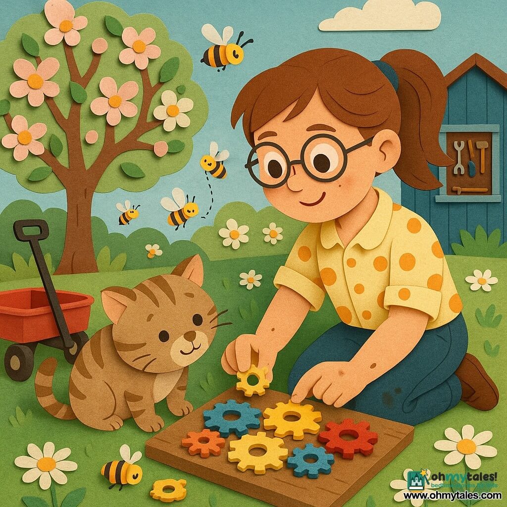A young inventor named Ellie kneels in the grass assembling colorful gears on a wooden board, smiling and focused with brown hair in a ponytail, round glasses, a polka-dot blouse and oil-smudged hands holding a small golden gear; a round playful tabby cat called Whiskers sniffs a gear near a red wagon to her left, small yellow-and-black bees circle and land on some gears, and behind them a blossoming apple orchard, green grass with daisies and a small blue wooden workshop with an open window and visible tools set a gentle, luminous, paper-cut–style scene of clicking, fitting gears and wonder with crisp shadows.