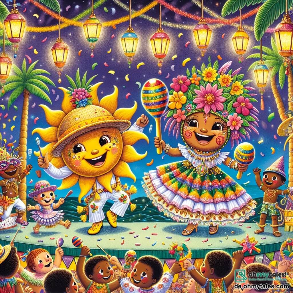 Eine kleine, lächelnde Sonne namens Hugo ist ein leuchtend gelber Strohhut mit breiter Krempe, dekoriert mit bunten Blumen. Er tanzt fröhlich auf der Karnevals Bühne, seine Augen funkeln vor Freude und sein lebhaft grünes Stirnband weht im Wind. Neben ihm ist Margarita, ein fröhliches Maracas-Mädchen, eine kleine Kreatur mit bunten Schmetterlingsflügeln, die lachend ihre glitzernden Maracas schüttelt. Sie ist voller Energie und steht direkt neben Hugo, bereit, ihn beim Tanzen anzufeuern. Die Kulisse ist ein strahlendes Festival auf der Insel Banara, mit üppigen Palmen, hängenden Blumenketten und bunten Laternen, die die Szene erhellen. Konfetti fliegt durch die Luft, und Kinder mit bunt bemalten Gesichtern tanzen um sie herum. Die Hauptsituation zeigt Hugo und Margarita, die gemeinsam feiern, umgeben von Lachen und Musik, während sie sich auf den großen Karnevalsumzug vorbereiten, voller Aufregung und Freude.