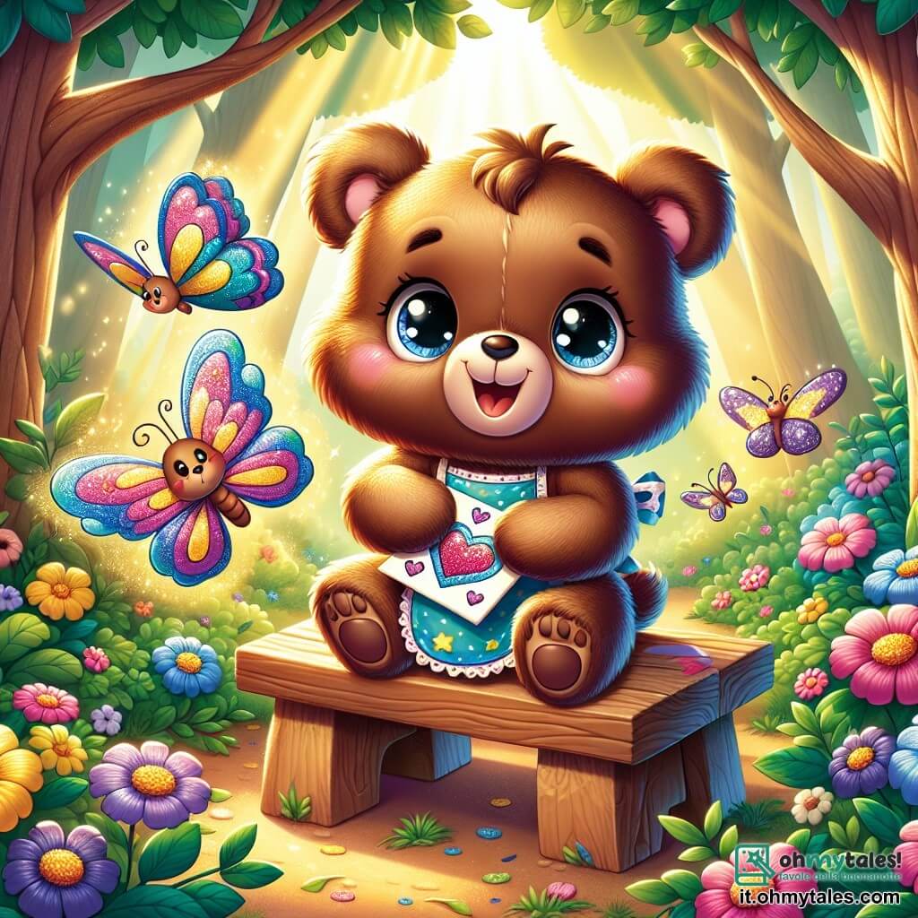 Un piccolo orso marrone con occhi scintillanti e un sorriso radioso, indossando un grembiule colorato, è seduto a un tavolo di legno, circondato da bellissime cartoline decorate con cuori e fiori. Sembra felice e emozionato, tenendo una carta tra le zampe, pronto a regalarla alla sua mamma. Accanto a lui, una farfalla colorata con ali brillanti, nei toni del blu e del viola, vola gioiosamente intorno a lui, incoraggiandolo nella sua creazione. La scena si svolge in una foresta incantata, con grandi alberi e foglie verdi che formano un riparo naturale. Fiori dai colori vivaci punteggiano il terreno, mentre i raggi di sole filtrano tra il fogliame, illuminando lo spazio con una dolce luce dorata. In questa illustrazione, il piccolo orso sta preparando una sorpresa per la festa della mamma, circondato dalle sue creazioni colorate.
