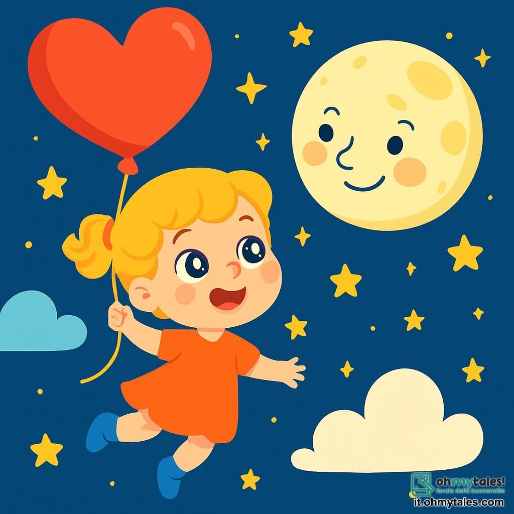 Una bambina di 4 anni, con occhi brillanti come stelle e capelli biondi ricci, fluttua gioiosamente nel cielo, tenendo un grande palloncino a forma di cuore. Ha un sorriso meravigliato, con le guance arrossate dall'emozione dell'avventura. Accanto a lei, la Luna, con un volto dolce e benevolo, brilla di un luccichio argentato, circondata da piccole stelle scintillanti che danzano intorno a lei. Il cielo è di un blu profondo, punteggiato di nuvole soffici e bianche, mentre stelle dorate illuminano la scena, creando un'atmosfera magica e sognante. La bambina guarda la Luna con curiosità, pronta a farle domande sulle stelle che brillano nella notte.
