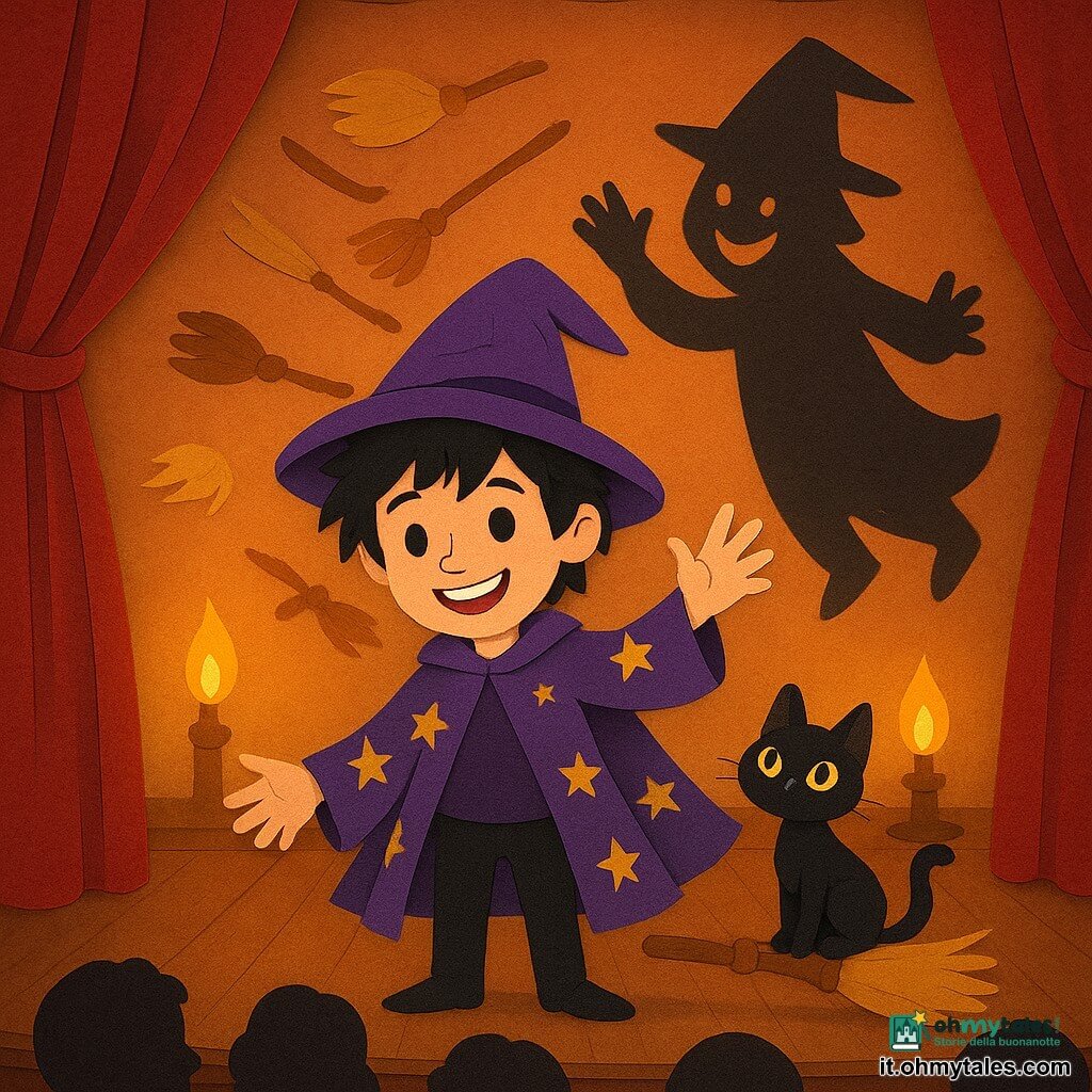 Un giovane mago di nome Ombra, gioioso e malizioso, capelli neri spettinati, veste viola con stelle dorate e cappello a punta storto, sta al centro del palco chinando la testa e porgendo la mano in saluto; il suo volto sorride, occhi vivaci; un gatto nero chiamato Nebbia, piccolo ed elegante, pelo lucido, è appoggiato su una scopa vicino alla sua gamba destra con sguardo curioso e coda arrotolata; diverse scope volanti marroni con setole dorate formano una fila in aria, alcune inclinano il manico come per salutare, altre ruotano in piccoli cerchi; un'ombra birichina, sagoma scura dai bordi sfumati, si staglia sul tendone imitando in modo comico i gesti di Ombra con braccia esagerate e una bocca ridisegnata come carta ritagliata; il teatro è piccolo e accogliente, palco in legno lucido, grande tendone di velluto rosso aperto, lucerne a olio gialle proiettano aloni luminosi e ombre nette; pubblico accennato in sagome di bambini in prima fila; atmosfera incantata e giocosa, colori contrastati e texture da carta ritagliata, illuminazione calda e ombre marcate, composizione centrata sull'inchino finale di Ombra circondato dalle scope e dal suo gatto.