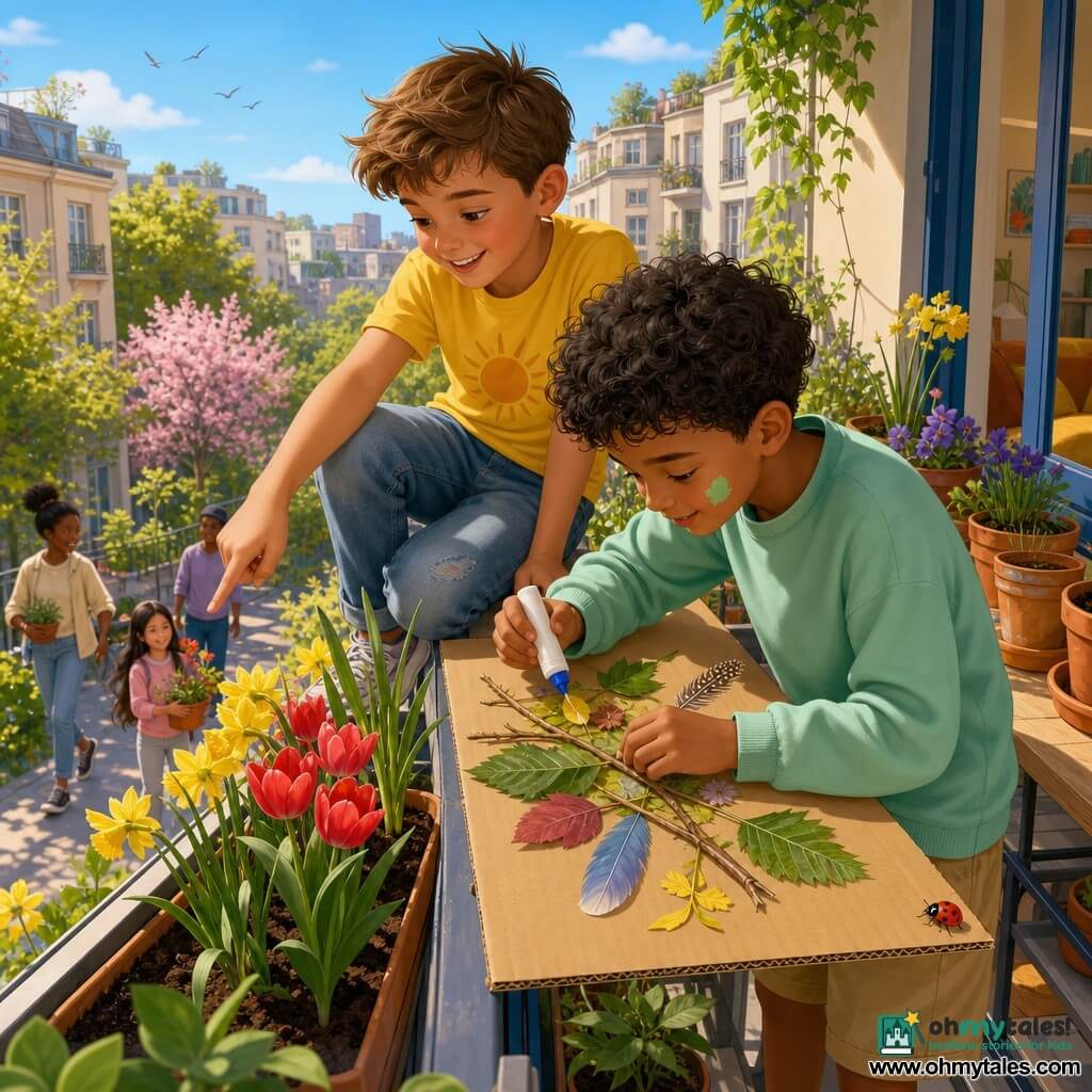 Two boys: a 9-year-old with light brown short hair and rebellious strands, wearing a sunny yellow T‑shirt and faded jeans, sitting on the left balcony edge pointing at the flowers below; and an 8-year-old with curly black hair and a paint smudge on his cheek, in a mint green sweatshirt and canvas shorts, on the right leaning over a large cardboard on the railing, gluing leaves and feathers for a collage. Urban, leafy second-floor balcony with terracotta pots, dark soil, small green plants and beds of yellow daffodils and red tulips below, blurred city in the background, warm morning light and soft shadows under a pastel blue sky. Main scene: the boys making a spring collage on a large cardboard with arranged leaves, twigs and colorful feathers, a red ladybug near the edge, focused joyful expressions, fresh bright atmosphere with vivid colors and tactile textures.
