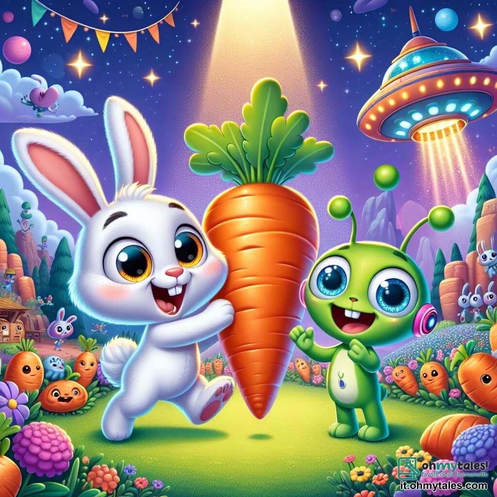 Al centro dell'immagine, un coniglietto di nome Lino, con il pelo bianco e grandi orecchie, esprime una gioia immensa saltando con entusiasmo. I suoi occhi brillano di eccitazione mentre tiene una carota gigante tra le zampe. Accanto a lui, Zub, un extraterrestre verde con grandi occhi blu e antenne danzanti, sorride con gratitudine, le braccia aperte in segno di amicizia. Si trovano davanti a un'astronave colorata, scintillante sotto le stelle. Il paesaggio è quello incantevole di Carottonia, pieno di carote giganti dai colori vivaci, fiori brillanti e un cielo stellato, dove le stelle brillano come diamanti. La scena principale mostra Lino e Zub che celebrano la loro vittoria dopo aver recuperato la carota magica, circondati da Carottoniani gioiosi che ballano e applaudono, creando un'atmosfera festosa e calorosa.