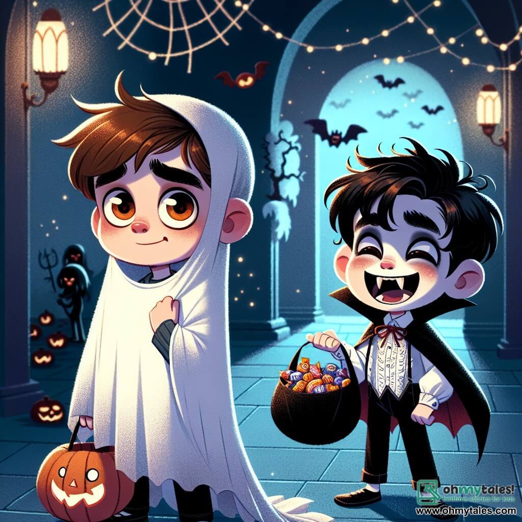 A 12-year-old boy, Max, stands in the center of the image, dressed in a white sheet as a ghost costume, with round, curious eyes shining with excitement and apprehension. His messy brown hair and slight smile reveal his growing enthusiasm for Halloween. To his right, Tyler, his best friend, also 12, is dressed as a vampire with a black cape and fake fangs. He has messy black hair and a mischievous look, laughing while holding a overflowing candy bag. The setting is a dark school hallway decorated with shimmering spider webs and flickering lights. Shadows dance on the walls, creating a mysterious yet festive atmosphere, while a large paper tree and illuminated pumpkins add a touch of magic. The main scene shows Max and Tyler, united by their friendship, preparing for a candy hunt challenge, surrounded by a light mist that adds an enchanting vibe to their Halloween adventure.