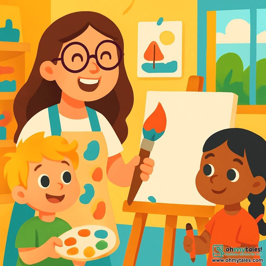 Maya, a cheerful woman with long brown hair and round glasses, smiles widely while holding a large colorful brush. She wears a paint-splattered apron and stands in front of a white canvas, ready to create a piece of art. Next to her, a 7-year-old boy with messy blonde hair and sparkling eyes watches in amazement. He holds a paint palette in his small hands and seems eager to start painting. Another child, a 6-year-old girl with black braids and a shy smile, observes carefully, a pencil in hand, ready to draw. The scene takes place in a bright art studio with vivid yellow walls, shelves filled with colorful paint pots, and artwork hanging everywhere. Sunlight filters through a large window, illuminating the creative space. Maya explains to the children how to use colors to express their emotions as they prepare to create joyful and colorful artworks together.
