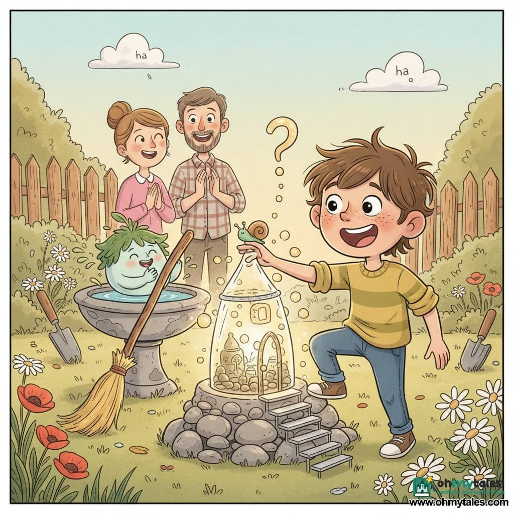 Milo is an 8-year-old boy, joyful and wide-eyed, messy chestnut hair and freckles, smiling broadly as he rests a hand on a small gleaming glass tower while standing on one of its last steps; behind him floats Puddlewick, a small round garden spirit with leaf-like green hair and an aquatic face in a bird-bath, applauding with bright splashes. An animated broom, patinated wood with golden bristles, sits left of Milo as if just finishing a bow; a tiny nacre-shelled snail crowns the tower, leaving a sparkling question-mark trail. In the background, Milo’s parents—a smiling mother with a bun and casual clothes and a laughing father in a plaid shirt—stand by a crooked wooden fence, tenderly astonished. The lush warm garden has soft grass, colorful flowers (daisies, poppies), a stone bird-bath and resting tools, bathed in golden late-afternoon light. The focal scene: Milo proudly presents the "Tower of Laughter," stacked carved stones with silver stairs, golden laughter bubbles drifting around, and a low cloud letting out a small shy “ha”; whimsical, funny and tender mood, soft lines, warm pastel colors, slightly grainy textures, exaggerated readable expressions, composition centered on Milo and the tower.
