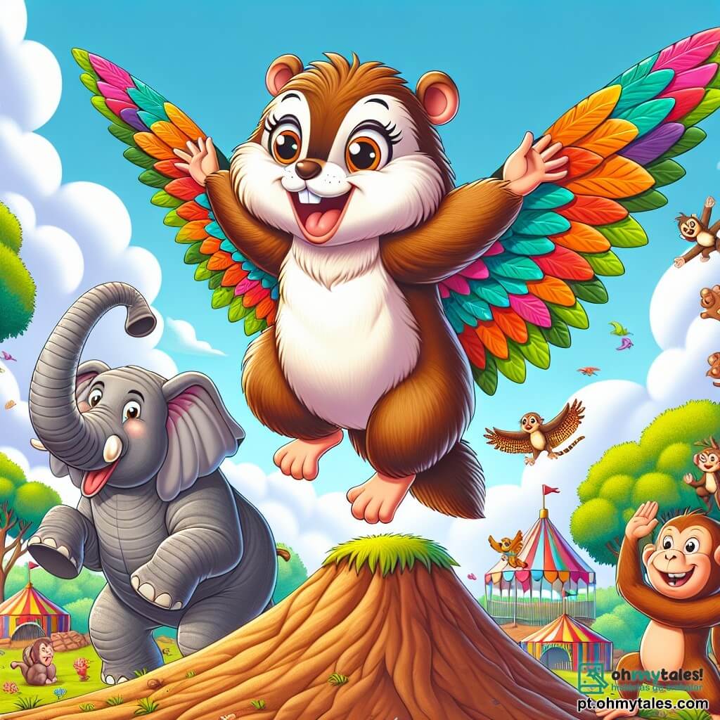 Uma marmota alegre chamada Mimi, com pelagem marrom e olhos brilhantes de travessura, está no topo de uma pequena colina, com os braços abertos, pronta para saltar com suas grandes asas coloridas feitas de folhas e penas. Ao lado dela, um elefante dançante, grande e cinza, com orelhas largas e um sorriso amigável, aplaude encorajando-a. Um pequeno macaco travesso, com pelos marrons e cauda enrolada, sobe em um galho de árvore, rindo e segurando uma banana, pronto para fazer brincadeiras. Ao fundo, um zoológico colorido se estende, com recintos de animais, árvores verdes e um céu azul brilhante. A cena mostra Mimi se lançando no ar, com as asas abertas, cercada de risos e entusiasmo, pronta para viver uma aventura incrível.
