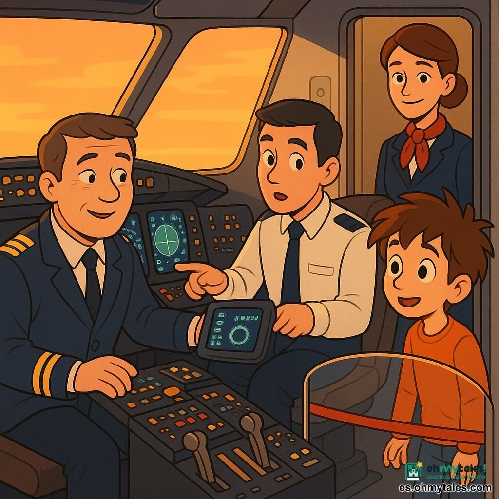 Un capitán de unos 40 años, rostro redondo, cabello corto castaño con canas, mirada serena y ligera sonrisa, viste chaqueta azul marino con hombreras doradas y está sentado a la izquierda del cockpit explicando los instrumentos con una mano en el mando; un copiloto de unos 30 años, pelo corto negro y expresión concentrada y asombrada, sentado a la derecha mostrando una lectura en pantalla; una azafata, Marta, de unos 35 años, pelo castaño recogido y expresión cálida, de pie junto a la puerta supervisando con una sonrisa; un niño, Leo, unos 12 años, pelo despeinado y ojos brillantes, de pie tras la línea de seguridad pegado a la ventana, fascinado por botones y pantallas; cockpit iluminado por un atardecer naranja, paneles oscuros con botones coloridos, pantallas verdes y azules y reflejos dorados; escena de vuelo con el capitán enseñando al niño, el copiloto confirmando lecturas y una atmósfera de seguridad y asombro.