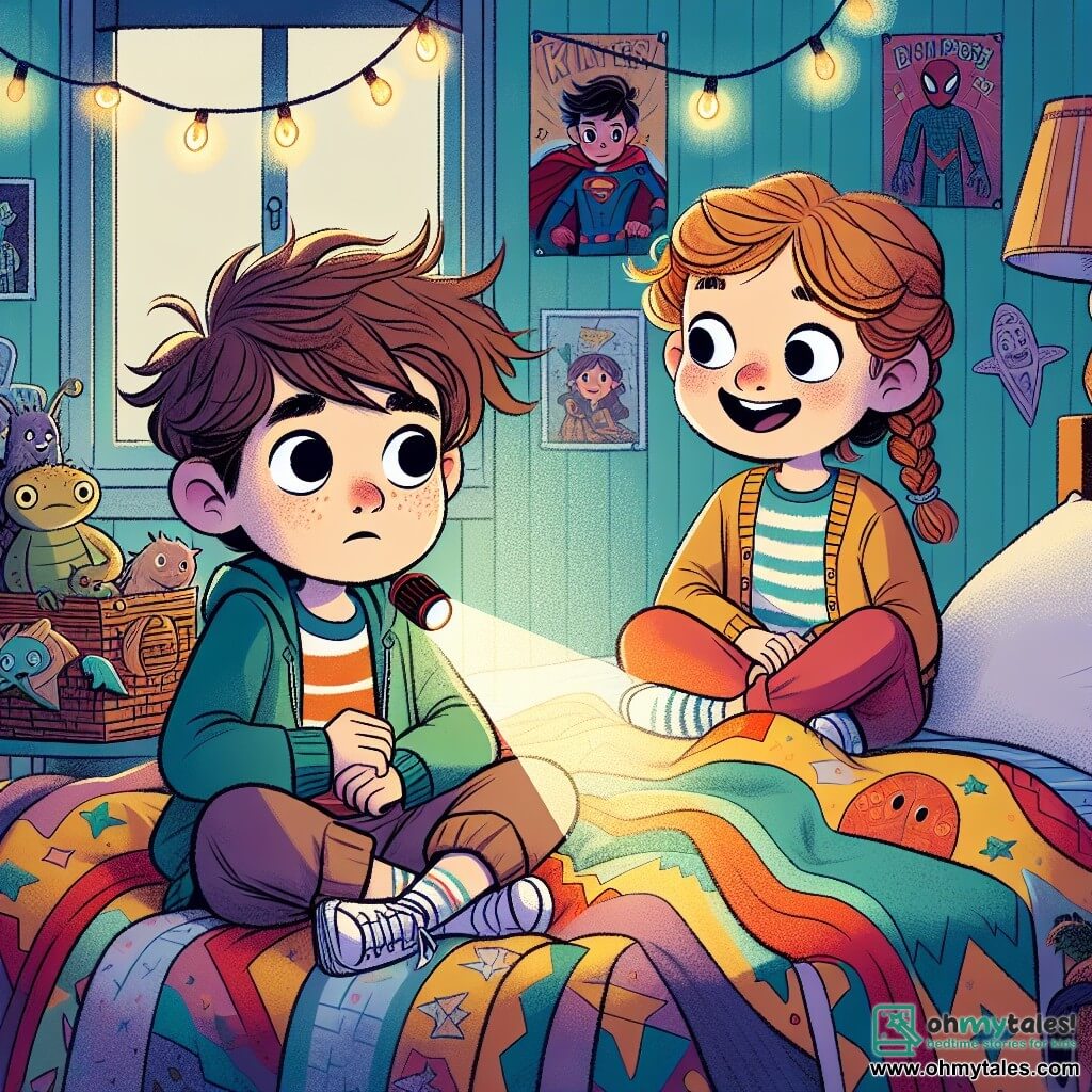 An 8-year-old boy, Sam, with messy brown hair and sparkling curious eyes, is lying on a bed surrounded by colorful blankets. His face shows slight worry but also excitement as he looks around in the dim light of the room. Next to him, his best friend Sarah, an 8-year-old girl with braided blonde hair and a warm smile, is sitting cross-legged on the bed, holding a flashlight that illuminates their faces. She looks cheerful and encouraging, ready to share a fun story to chase away Sam's fear. The scene takes place in a child's room decorated with superhero posters and fairy lights, creating a cozy atmosphere despite the darkness. The walls are painted light blue, and toys are scattered on the floor, adding liveliness to the space. In this illustration, Sam and Sarah are telling stories about friendly monsters and aliens in a playful atmosphere, transforming the fear of the dark into a fun and imaginative adventure.