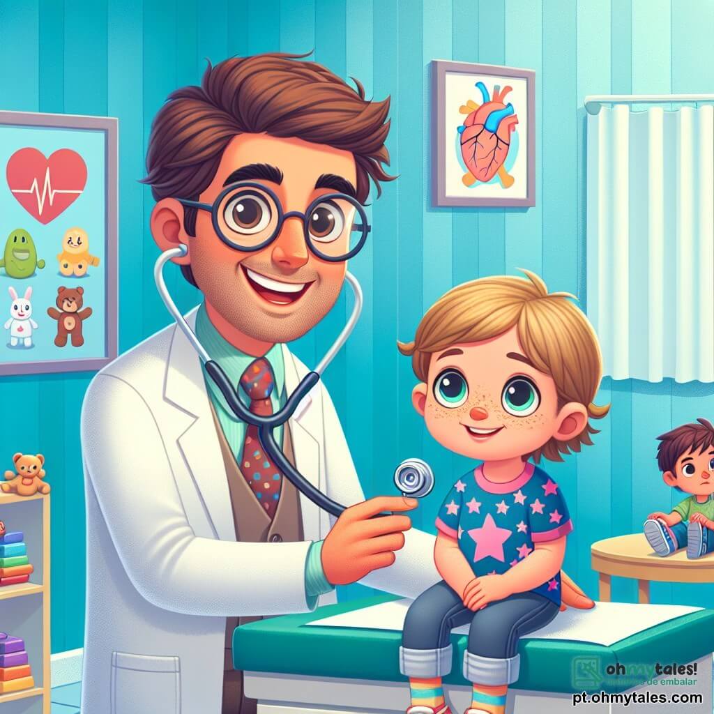 Um homem, o doutor Pedro, é um médico sorridente de quarenta anos, com cabelos castanhos e óculos redondos. Ele exibe um grande sorriso caloroso e um avental branco, segurando um estetoscópio, pronto para ouvir o coração de uma criança. Ao seu lado, Ana, uma menina de 8 anos com cabelos loiros e tranças, observa o doutor com olhos cheios de esperança, sentada em uma mesa de exame, vestindo uma camiseta rosa com estrelas. Outro personagem, um menino de 6 anos, tem os joelhos machucados e um olhar preocupado. Ele tem cabelos castanhos bagunçados e usa uma camiseta azul, observando o doutor com admiração. A cena acontece em um consultório médico colorido, com paredes pintadas de azul claro, cartazes de desenhos animados sobre saúde e brinquedos espalhados pelo chão. O doutor Pedro examina Ana com atenção, pronto para ajudá-la a se sentir melhor, enquanto o menino aguarda sua vez, esperando também receber cuidados.