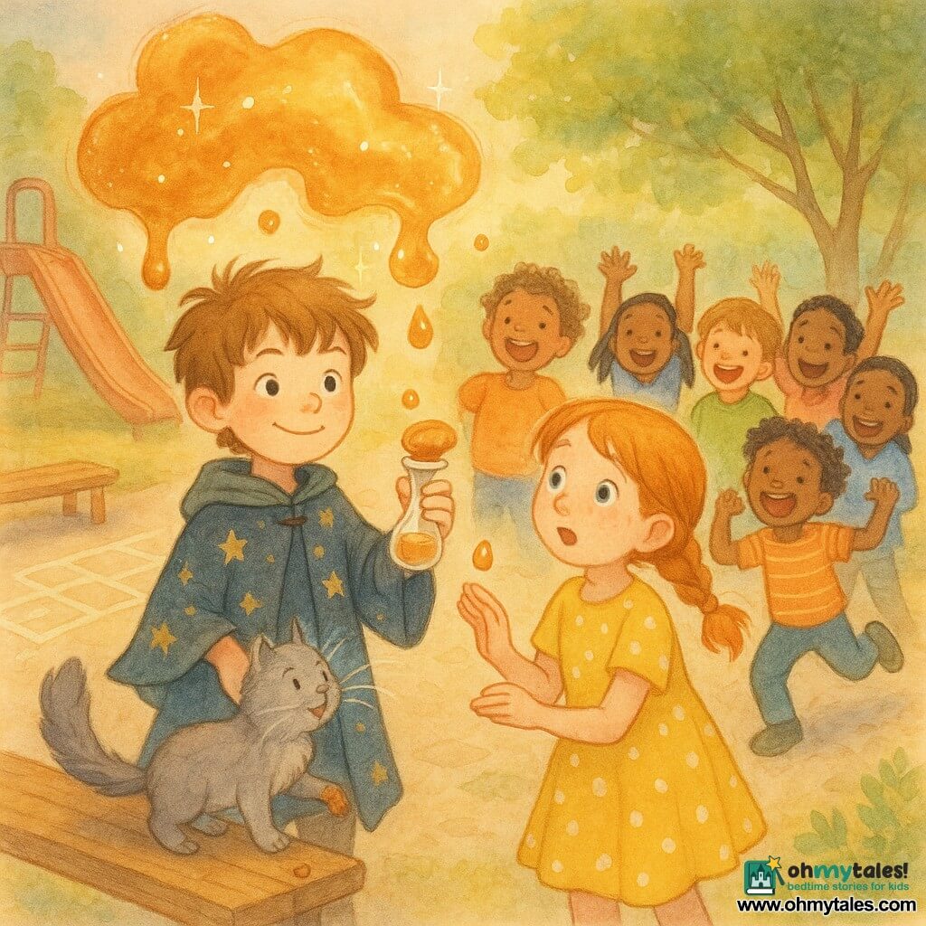 A boy apprentice wizard, Timmy (about 9), round face, mischievous eyes, tousled light brown hair, wearing a short midnight-blue robe with gold stars and a small green cape, smiles confidently while holding a vial that releases a sparkling caramel cloud above his hand; to his right a friend, Annie (about 9), with braided red hair and a yellow polka-dot dress, reaches out to catch a drop, and a small fluffy gray cat named Nimbus jumps onto a nearby wooden bench with a caramel-stained paw; several children (7–10) form a semicircle laughing and raising their arms in colorful clothes, the scene set in a paved schoolyard with hopscotch, a red slide, wooden benches and luminous trees edging a distant magical forest in late-afternoon light, as golden caramel rain drifts down, creating an enchanting, playful atmosphere with warm caramel and pastel tones and soft watercolor textures highlighted by white sparkles.
