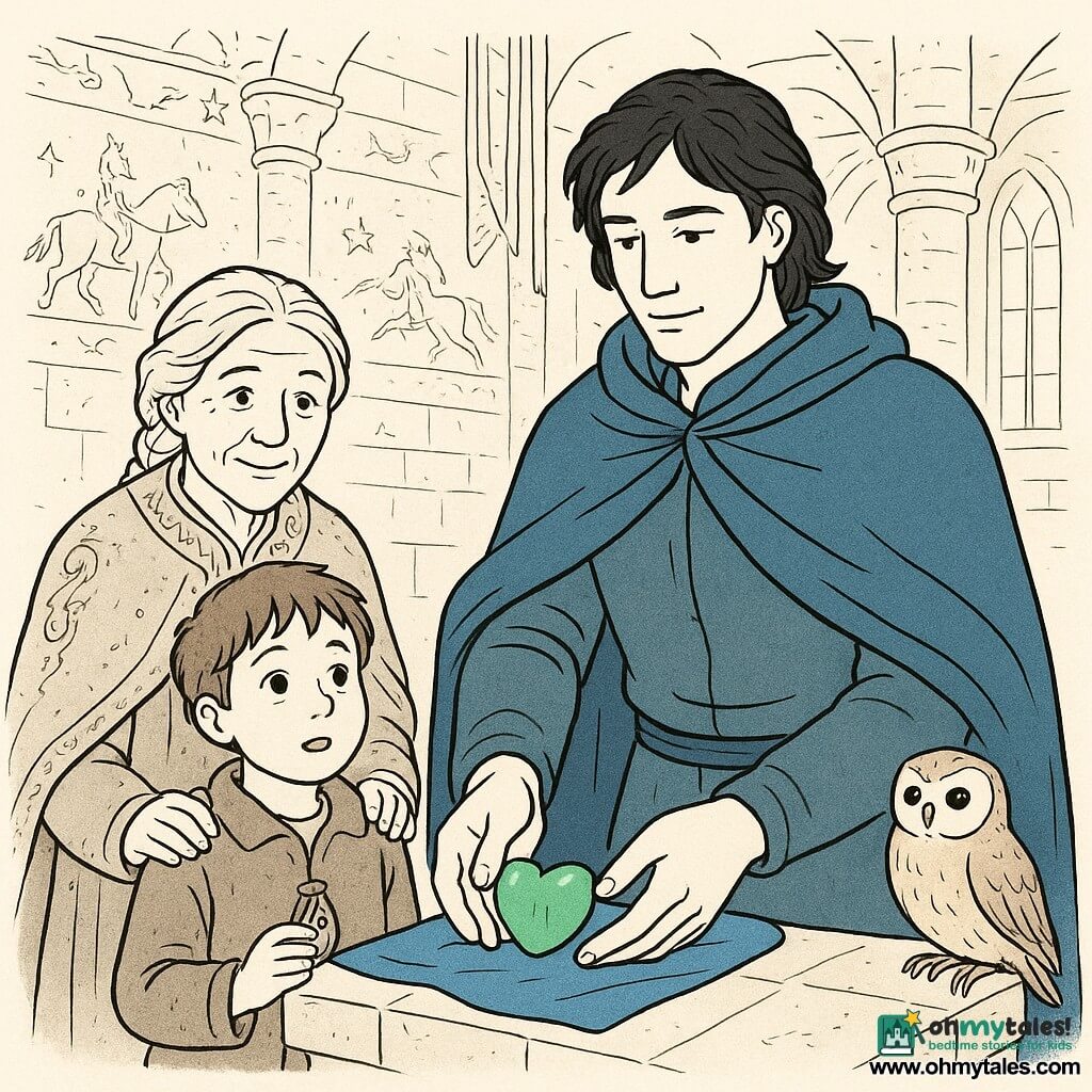 Arslan, a calm, attentive man with slightly messy black hair and a large blue cloak, kneels slightly as he places a small polished jade heart on blue silk at the center of an altar; to his left a round-faced, amazed eight-year-old boy in a worn coat holds a small wooden amulet and watches, while behind him a serene elderly woman with braided gray hair and an embroidered coat rests a reassuring hand on his shoulder; a hand-sized golden owl with round eyes perches on the right of the altar; the temple interior is spacious and bright with light stone walls carved with riders and stars, large windows letting in beams of light and prayer ribbons on the columns, the scene conveying a solemn calm, clear contrasts, and a centered composition easy for a child to understand.