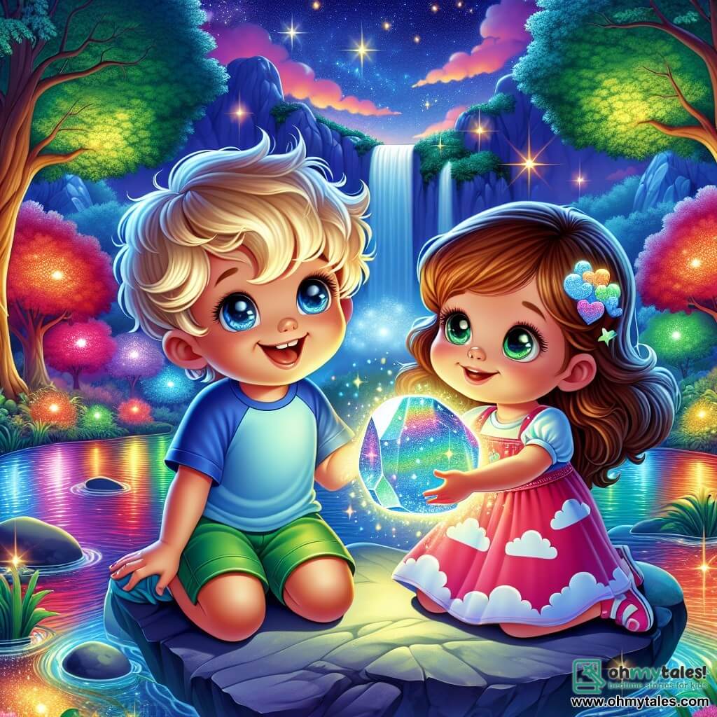 A small boy, about 6 years old, with curly blonde hair, is wearing a blue t-shirt and green shorts. He glows softly, floating in a starry sky, with a big smile on his face. Next to him, a 5-year-old girl with brown hair and sparkling eyes is dressed in a pink dress with cloud patterns. She sits on a shiny large stone, holding a sparkling rock in her hands, her eyes wide with wonder. The setting is an enchanting landscape, where a brightly colored stream winds through a magical forest. The tall, majestic trees have leaves that sparkle like stars, while the stream reflects shades of red, blue, and green, creating a vibrant rainbow. The main scene shows the two children, in awe, making a wish together while holding the magical rock, surrounded by twinkling lights and vibrant colors that dance around them, symbolizing the magic of their wish.