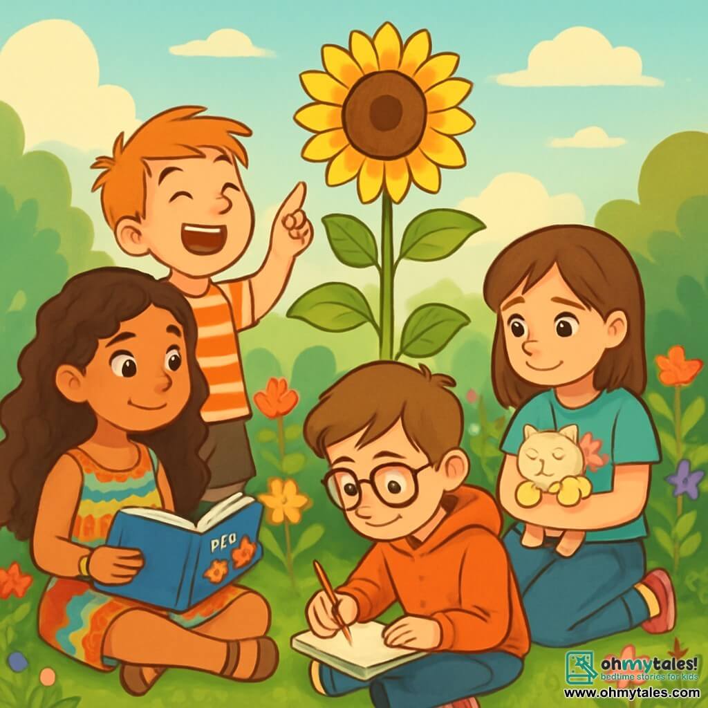 There are four children: Mia, a 12-year-old girl with long curly hair and sparkling eyes, wearing a colorful dress and a beaded bracelet. She is sitting on the ground with crossed legs, smiling gently while holding a storybook. Jake, a 12-year-old boy with short messy hair, is standing next to Mia, laughing and pointing at the sky as if telling a joke. Lily, a 12-year-old girl with smooth brown hair, is sitting next to Mia, with tears in her eyes but a slight smile on her face, holding a small cat plush toy. Sam, a 12-year-old boy with glasses and brown hair, is crouched in front of them, drawing in a notebook, capturing the moment attentively. The scene takes place in a sunny garden filled with colorful flowers and lush greenery. In the center, a tall sunflower stands majestically, its bright yellow petals swaying gently in the breeze. In the background, a clear blue sky is dotted with fluffy white clouds, while a soft ray of sunshine illuminates the scene. The main situation shows the children gathered around the sunflower they planted in memory of Whiskers, Lily's cat. They share joyful memories while celebrating the life of their furry friend, creating a moment of tenderness and comfort amidst the sadness.