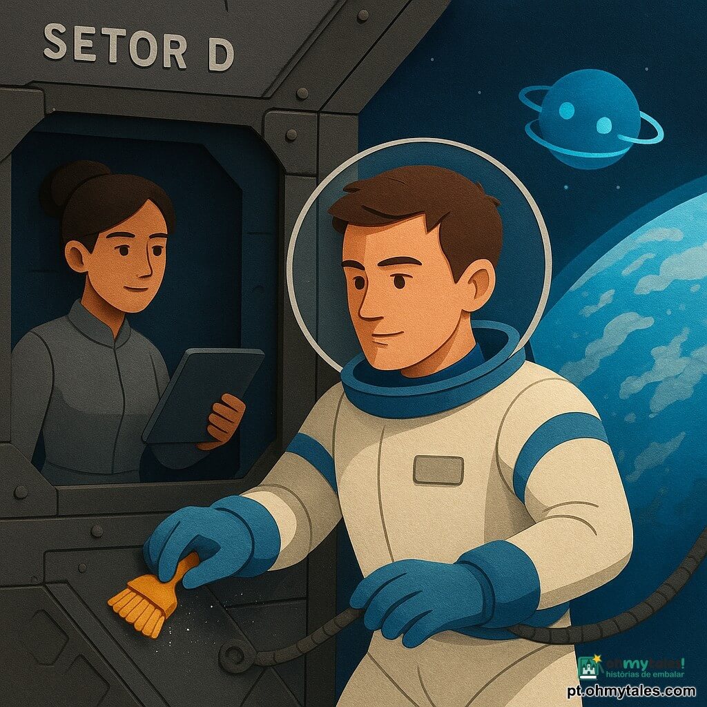Um homem jovem, cabelos curtos castanhos, expressão concentrada e serena, olhos determinados, veste uma roupa espacial branca com faixas azuis, luvas grossas e capacete transparente; limpa delicadamente uma dobradiça de radiador com uma pequena escova, suspenso no exterior por um cabo de segurança. Uma engenheira de cerca de 35 anos, pele morena, cabelo preso em coque, uniforme cinza, segura um tablet e observa a manobra desde uma antepara da estação, ligeiramente à esquerda. Uma IA representada por uma pequena esfera holográfica azul com anéis luminosos flutua perto do capacete e emite um brilho tranquilizador. Local: setor D dos radiadores da estação Mirante — grandes placas metálicas segmentadas, volets em forma de escama, textura metálica opaca com reflexos solares, tubulação e rebites visíveis. Ao fundo, a Terra ocupa metade do quadro, azul e branca com nuvens em turbilhão e um degradê atmosférico luminoso. Cena calma e metódica: reparo minucioso em microgravidade, poeira metálica brilhante flutuando, gestos precisos e atmosfera de cooperação, iluminação contrastada entre sol forte e sombras profundas. Estilo: cores vivas, recortes nítidos, formas simples e contrastes suaves apropriados para público infantil.