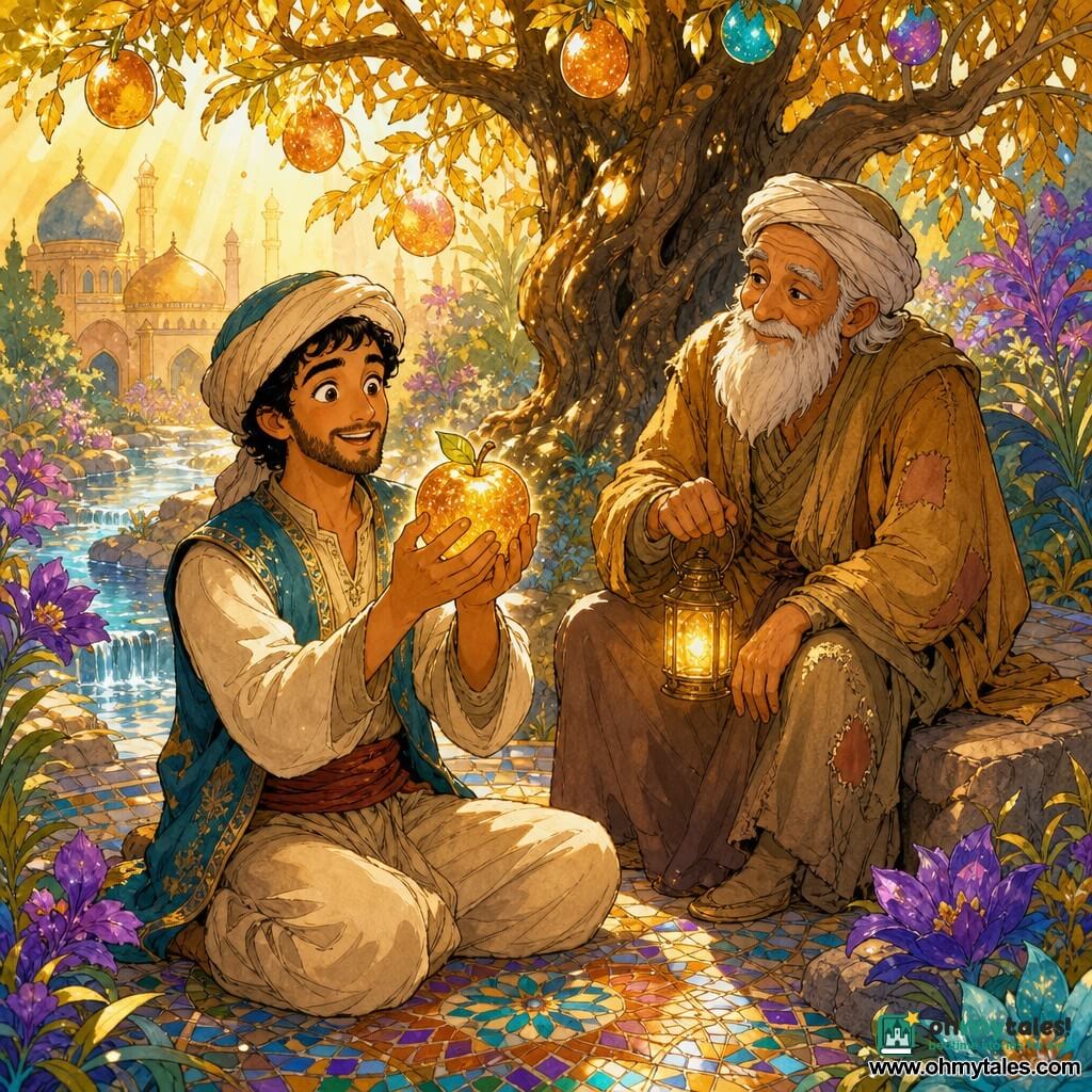 The main character is Amar, a man in his early thirties with tanned skin and bright eyes, wearing an amazed, gentle smile as he delicately holds a sparkling fruit in both hands; a secondary character is an elderly man of about 70 with a white beard and worn ochre clothing, seated on a nearby rock with a benevolent gaze, holding a small warm lantern beside Amar; the setting is a lush One Thousand and One Nights garden with golden-leaved trees, violet and turquoise flowers, glass-like glittering rivers, oriental floor mosaics and a large central tree bearing shimmering fruits; Amar stands before the tree of peace as golden light falls in soft rays, the fruit shining like a small mirror in a magical, peaceful scene of warm, vibrant hues.