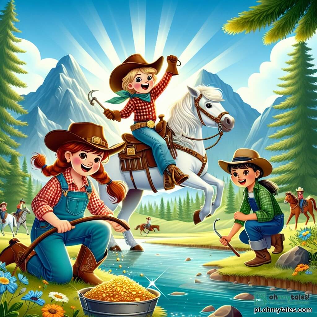 Clara, uma jovem cowgirl de 10 anos, está em primeiro plano, sorridente e cheia de entusiasmo, com um chapéu de cowboy de couro marrom, uma camisa xadrez vermelha e um jeans desbotado. Seus cabelos castanhos estão presos em uma trança, e ela segura as rédeas de seu cavalo, Estrela, um magnífico cavalo branco com crinas sedosas. Ao lado dela está Jake, um garoto de 9 anos com um chapéu de cowboy grande demais, uma camiseta azul e um short de denim. Ele está pulando de alegria, com os braços levantados, expressando sua felicidade por ter encontrado ouro. Um pouco mais longe, Lily, uma cowgirl de 11 anos com cabelos loiros em um rabo de cavalo, usa uma jaqueta de couro e botas de cowboy. Ela está agachada, examinando uma pequena pepita de ouro que acabou de descobrir, com um sorriso radiante no rosto. A cena acontece à beira de um lindo rio cintilante, cercado por montanhas majestosas e vegetação exuberante. O sol brilha alto no céu, fazendo a água brilhar como milhares de diamantes. A situação principal mostra Clara e seus amigos descobrindo pepitas de ouro na areia, cheios de excitação e felicidade, celebrando sua aventura juntos à beira do rio.