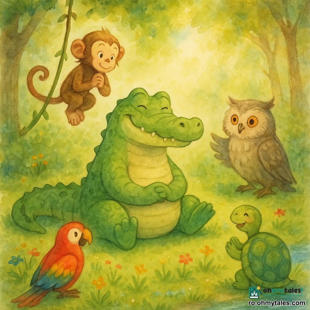 Un crocodil verde pal cu burtă crem, solzi texturați și dinți rotunjiți, șezând nemișcat pe burtă, concentrat dar zâmbind, cu coada întinsă pe iarbă; o mică maimuță Lala cu blană maro deschis, prinsă de o liană deasupra, privind admirativ cu mâinile împreunate; o bufniță bătrână cu pene gri-bej și ochi aurii, așezată pe o ramură joasă lângă crocodil, aripi ușor desfăcute; alți prieteni — un papagal colorat și o țestoasă cu carapace pictată — grupați în semicerc, aplaudând și zâmbind; scena e într-o poiană secretă cu iarbă verde, pete de flori roșii, galbene și albastre, un pârâiaș cristalin și raze de soare filtrate printre frunze, stil acuarelă cu stropi luminoși; moment de răbdare împărtășită, atmosferă caldă, veselă și ușor magică.