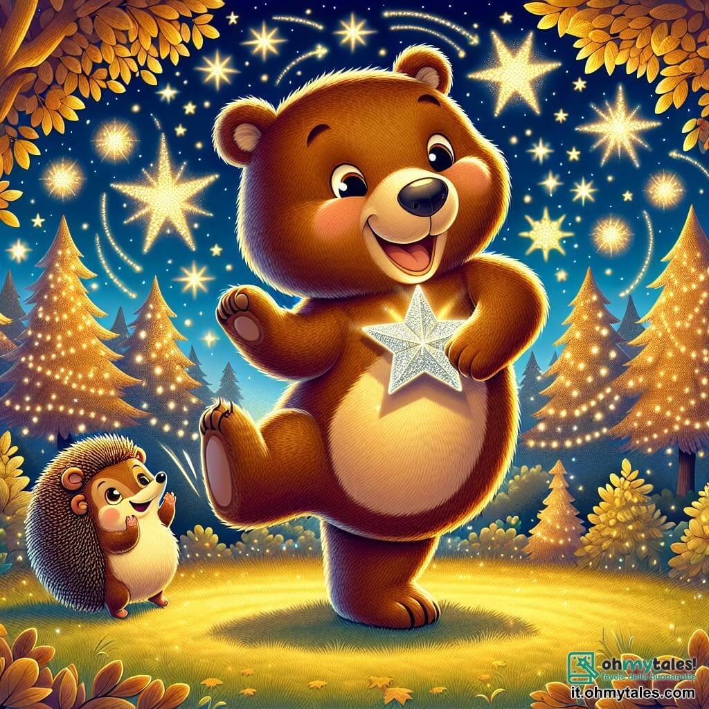 Un grande orso bruno, di nome Bruno, con un pelliccia morbida e occhi scintillanti di gioia, danza felicemente in una radura illuminata da stelle luccicanti. Il suo sorriso radioso mostra la sua felicità, mentre tiene una stella d'argento brillante tra le zampe. Vicino a lui, un piccolo riccio, un animale carino e spinoso, osserva con meraviglia, i suoi occhi rotondi e curiosi brillano di eccitazione, mentre applaude battendo le zampe. La radura è circondata da alberi maestosi con foglie dorate, e il cielo notturno è punteggiato di stelle scintillanti, creando un'atmosfera magica e festosa. Bruno e i suoi amici celebrano insieme il Capodanno, ballando e ridendo sotto il cielo stellato, circondati da decorazioni colorate e dolcetti, pronti ad accogliere un nuovo anno pieno di promesse.