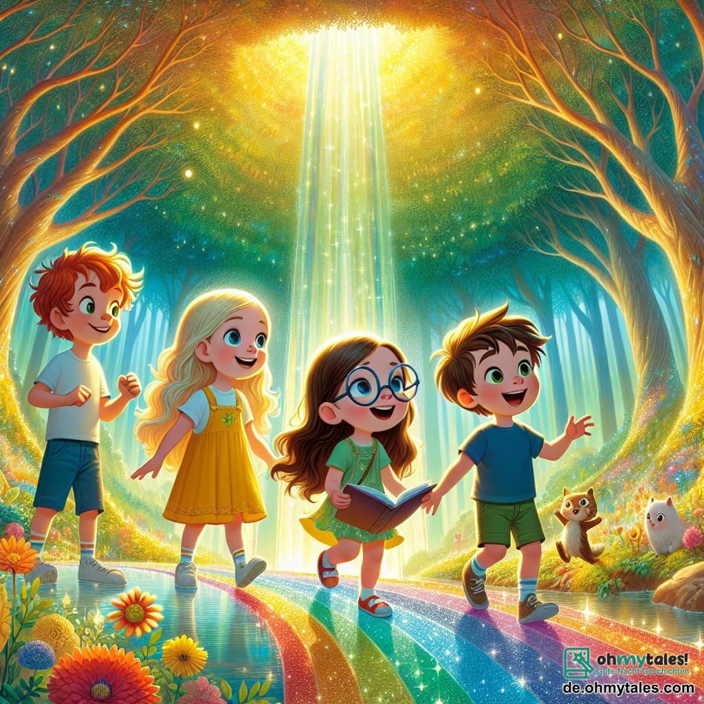 Im Herzen eines wunderschönen Glitzerwaldes stehen vier Kinder zusammen auf einer großen, glänzenden Regenbogenbrücke. Lilli, ein 8-jähriges Mädchen mit langen blonden Haaren und einem strahlend gelben Kleid, lächelt fröhlich, während sie Max' Hand hält. Max, ein 9-jähriger Junge mit zerzausten braunen Haaren und einem blauen T-Shirt, blickt mutig in die Ferne, bereit, Herausforderungen anzunehmen. Emma, ein 7-jähriges Mädchen mit braunen Haaren und runden Brillen, hält ein offenes Buch und ist fasziniert von den Geschichten, die sie erzählen könnte. Finn, ein 8-jähriger Junge mit roten Haaren und einer grünen Shorts, springt vor Aufregung und lacht laut. Ihre Umgebung ist bezaubernd: große majestätische Bäume mit funkelnden Blättern, bunte Blumen, die im Wind tanzen, und goldenes Licht, das durch die Äste filtert und eine magische Atmosphäre schafft. Die Hauptsituation zeigt die Kinder, die einem kleinen schelmischen Eichhörnchen gegenüberstehen, das sie mit einem Rätsel herausfordert, während eine große, weise Eule sie von einem Ast aus beobachtet, bereit, sie auf ihrem Abenteuer zu führen.