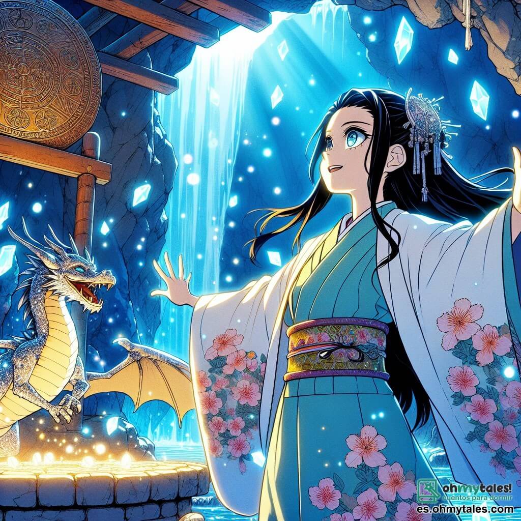 Keiko, una joven valiente con cabello largo y negro, lleva un kimono tradicional con motivos de flores de cerezo. Su rostro expresa una determinación brillante, y sus ojos brillan con una luz de esperanza mientras se encuentra frente a un antiguo altar en una cueva misteriosa. A su lado, Ryuu, un pequeño dragón con escamas brillantes de azul y oro, agita sus alas con emoción, listo para ayudarla en su búsqueda. La cueva está adornada con cristales brillantes que reflejan la luz, creando un juego de sombras y colores vibrantes en las paredes rocosas. Símbolos antiguos están grabados en el altar, iluminados por una suave luz que emana de una piedra central. La escena principal muestra a Keiko cantando un antiguo ritual para reforzar el sello del titán, mientras Ryuu la anima con destellos de luz a su alrededor, creando una atmósfera mágica y llena de tensión.