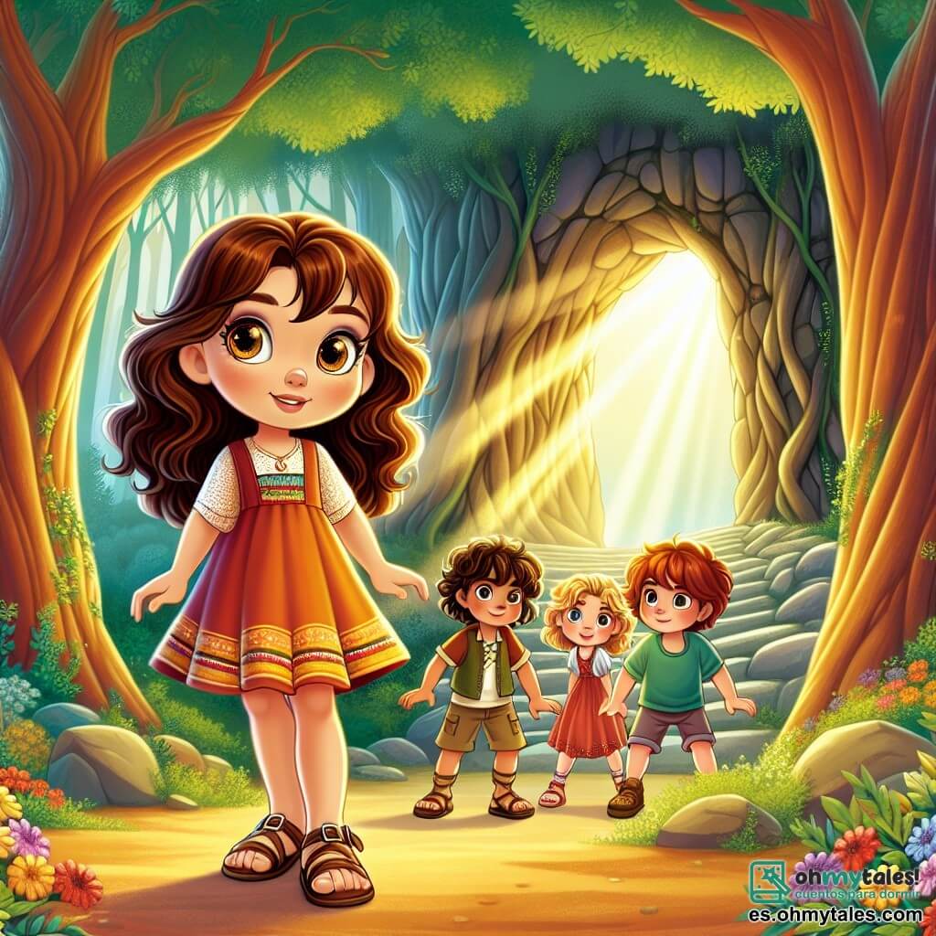 Una niña de 12 años, Valeria, con cabello castaño brillante y ojos llenos de curiosidad, se encuentra valientemente frente a una cueva misteriosa. Lleva un vestido colorido y sandalias, con una sonrisa decidida en su rostro, lista para encontrarse con el gran lobo malo. A su lado, un grupo de tres niños, incluido un chico de 11 años llamado Tomás, con cabello rizado y ojos vivos, observa con una mezcla de emoción y aprensión. Aunque está un poco atrás, su cuerpo se inclina hacia adelante, mostrando su interés por la escena. El lugar es un bosque encantado, con árboles majestuosos y hojas verdes brillantes que filtran la luz del sol en rayos dorados. Flores coloridas adornan el suelo, y una ligera bruma flota alrededor de la cueva, añadiendo un toque de misterio. La situación principal muestra a Valeria, llena de valentía, preparándose para entrar en la cueva y encontrarse con el lobo, mientras Tomás y los otros niños la observan, dudosos pero fascinados por la aventura que les espera.