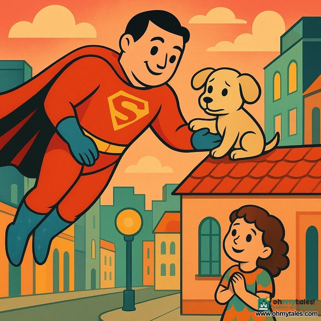 A smiling, confident, warm superhero in a shiny red cape, blue glittery boots and a red-and-yellow suit gently floats down to rescue a small beige fluffy puppy (Timmy) with droopy ears who is perched on the edge of a red-tiled roof, while a curly-haired 6-year-old girl (Mia) in a colorful dress watches from the sidewalk, relieved and smiling; art-deco city street with pastel facades, round golden streetlights and a pink-orange twilight sky, soft stylized clouds; tender, secure, dynamic descent, centered composition, bright contrasting colors, clear lines and simple shapes suitable for toddlers.