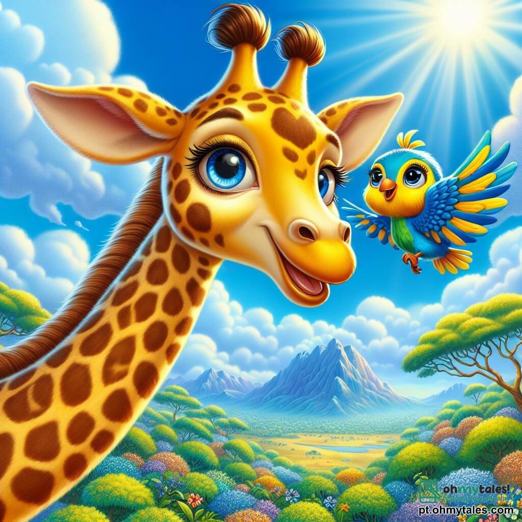 Uma girafa chamada Gigi, com um longo pescoço elegante e pelagem amarela salpicada de manchas marrons, flutua alegremente no ar, com os olhos brilhando de admiração. Suas grandes orelhas estão em pé, e um sorriso radiante ilumina seu rosto enquanto ela descobre o mundo de cima. Ao seu lado, um pequeno pássaro colorido chamado Pico, com penas azuis e amarelas, voa entusiasticamente, suas asas batendo rapidamente, como se estivesse encorajando Gigi a explorar. A cena ocorre em um céu azul brilhante, salpicado de nuvens brancas fofas, enquanto abaixo, a savana se estende com árvores verdes e flores vibrantes. Ao longe, majestosas montanhas se erguem, adicionando um toque de mistério ao horizonte. Gigi e Pico voam juntos em direção à Floresta das Cores, um lugar mágico onde as árvores brilham de mil cores e as flores dançam ao ritmo do vento, criando uma atmosfera encantadora cheia de alegria e aventura.