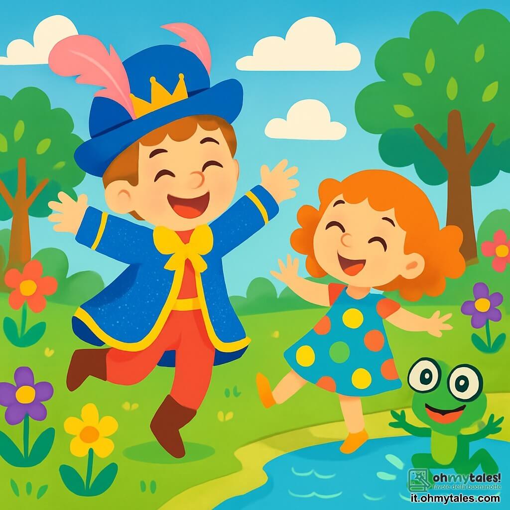 Un principe felice, il Principe Nino, di circa 8 anni, indossa un mantello scintillante e un cappello blu decorato con una piuma rosa. Il suo viso è illuminato da un grande sorriso e salta di gioia accanto a un lago cristallino. Accanto a lui, Streghetta Pasticcina, una bambina di 7 anni con capelli ricci arancioni e un sorriso splendente, fa una pirouette indossando un vestito a pois colorati. Più lontano, Rana Gilda, una rana con grandi occhi rotondi e occhiali giganti, salta felicemente sull'erba verde, spruzzando un po' d'acqua del lago. Lo scenario è un magnifico giardino incantato, con fiori multicolori, alberi dalle foglie brillanti e un cielo blu punteggiato di nuvole bianche e soffici. La scena principale mostra il Principe Nino e i suoi amici che ridono insieme, circondati da nuvole di zucchero filato, creando un'atmosfera gioiosa e magica.