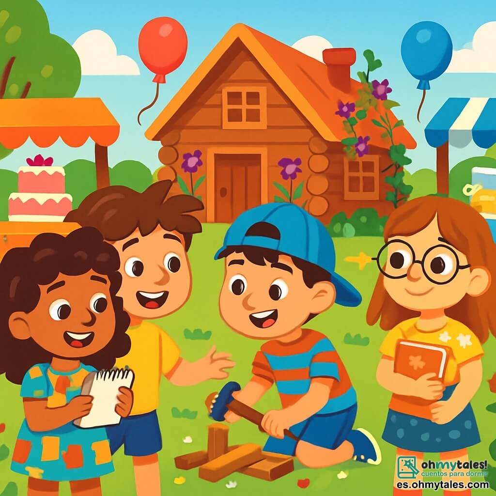 Hay 4 niños: - Lucía: una niña de 9 años, con cabello rizado y ojos brillantes. Lleva un vestido colorido y sostiene una pequeña libreta en sus manos, lista para dibujar. - Mateo: un niño de 10 años, con una gorra al revés y una sonrisa traviesa. Lleva una camiseta a rayas y pantalones cortos, y está construyendo un juego de madera con herramientas. - Clara: una niña de 9 años, con gafas y un libro bajo el brazo. Tiene el cabello liso y lleva una blusa de flores, observando atentamente a los otros niños. - Pablo: un niño de 9 años, con cabello castaño desordenado y una gran sonrisa. Lleva una camiseta amarilla brillante y está cerca de Lucía, animándola a dibujar. Los niños están en un parque soleado, lleno de vegetación y flores coloridas. Al fondo, se ve una pequeña cabaña de madera, rodeada de vides y flores silvestres, donde vive la familia de Tomás. Hay puestos de venta de pasteles y limonada alrededor de ellos, con globos flotando y risas de niños resonando en el aire. La situación principal muestra a los cuatro amigos organizando una gran fiesta para ayudar a la familia de Tomás, con juegos coloridos, sonrisas radiantes y una atmósfera alegre. Los niños están ocupados vendiendo pasteles y jugando con otros niños del pueblo, creando un momento de solidaridad y felicidad compartida.