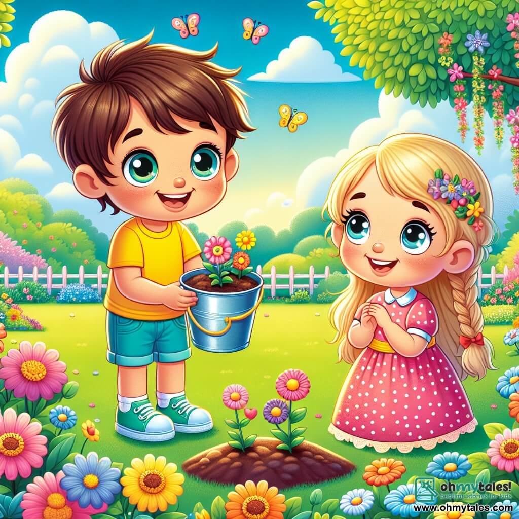 A 4-year-old boy named Leo, with messy brown hair and sparkling eyes, stands in the center of the image, smiling widely while holding a small bucket filled with flower seeds. He wears a bright yellow t-shirt and blue shorts, surrounded by colorful flowers beginning to bloom around him. Next to him, Mia, a 5-year-old girl with long braided blonde hair and a pink polka-dot dress, is crouched down planting seeds in the ground, her face glowing with excitement. She looks at Leo with a big smile, sharing this joyful moment. The setting is a lush spring park with a clear blue sky dotted with fluffy white clouds. Flowering trees surround the park, and colorful butterflies flutter around them, adding a touch of magic to the scene. The main focus shows Leo and Mia planting flower seeds together, surrounded by laughter and bright colors, symbolizing the joyful arrival of spring and friendship.